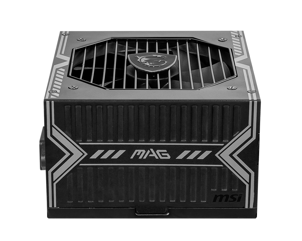 Siyah bir MSI MAG güç kaynağı ünitesi, bir fan ve MSI logosu ile.