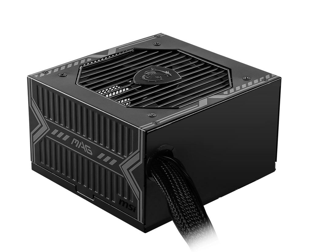 Siyah bilgisayar güç kaynağı. Bir fanı, MSI logosu ve modüler bir kablosu var.