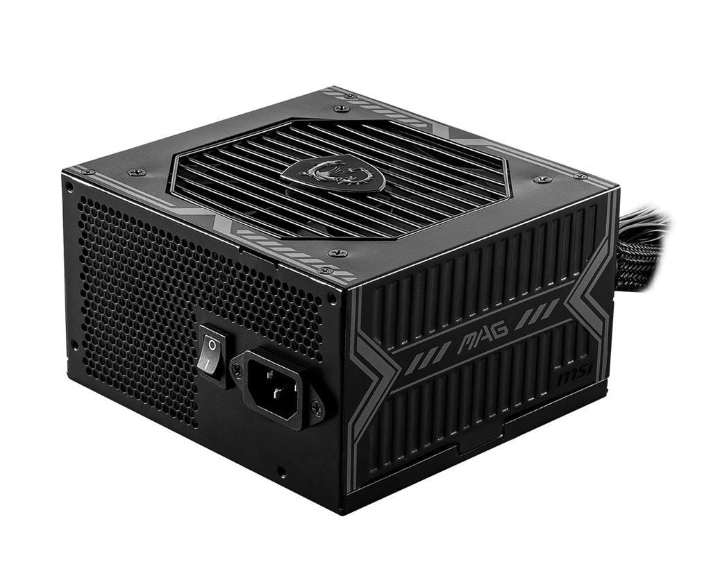 Siyah MSI MAG III PSU. Fan ve güç konektörleri var. Arka plan düz siyah.