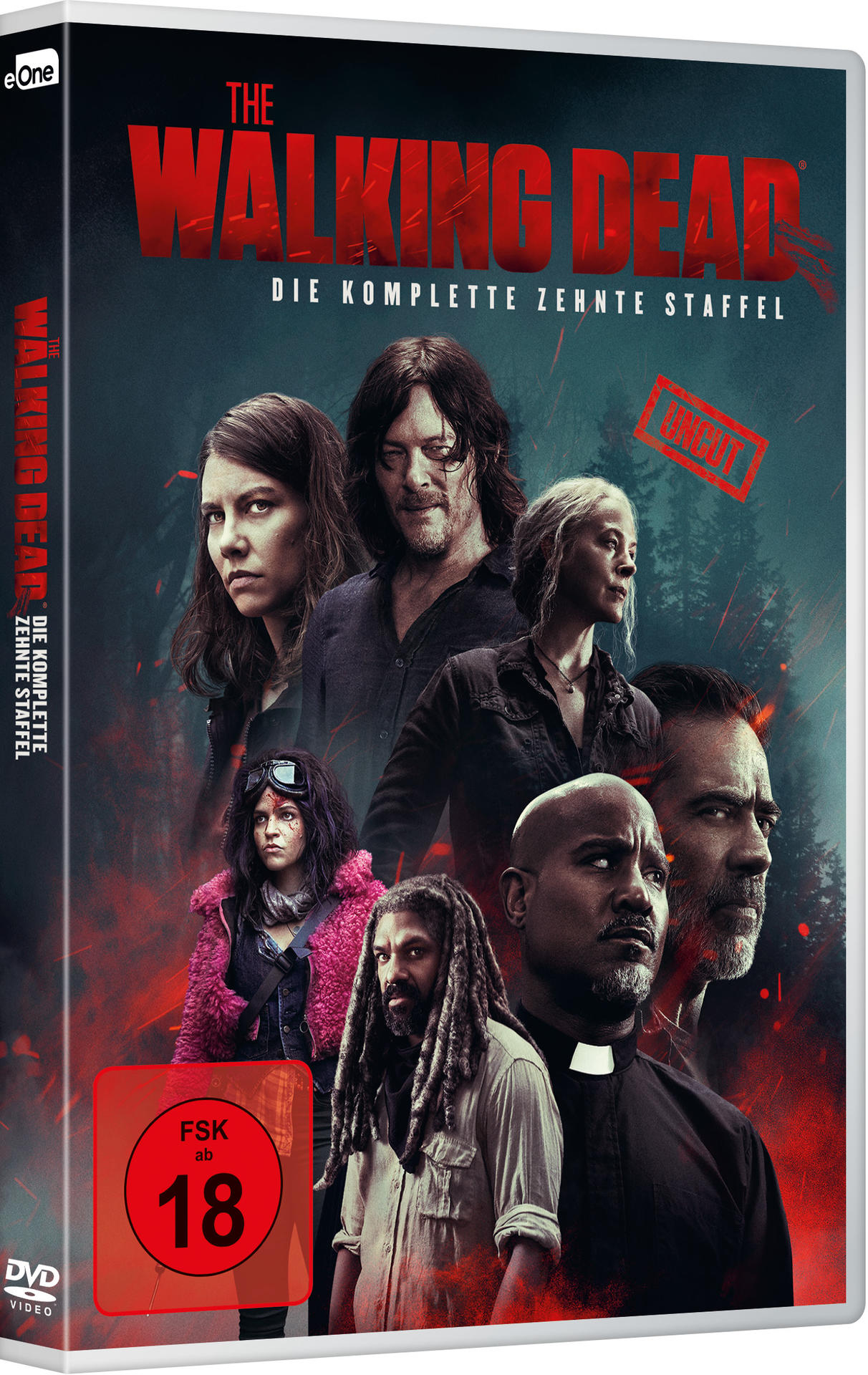 DVD-Cover von The Walking Dead, mit Porträts der Besetzung vor dunklem, bewaldetem Hintergrund.