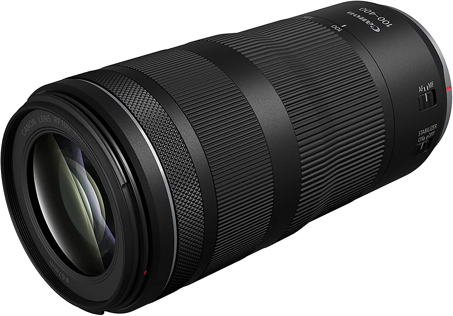 Un objectif Canon RF 100-400mm noir. Il possède des sections nervurées, des bagues et des interrupteurs pour le stabilisateur et la mise au point.