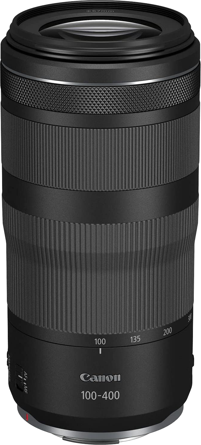 Un objectif Canon 100-400mm. Il est noir avec des sections nervurées. Il comporte des repères de distance focale et le logo Canon.