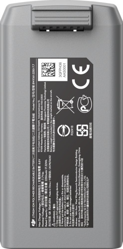 Grijze batterij met labels, een waarschuwing en een QR-code op de achterkant.