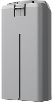 Een lichtgrijze rechthoekige batterij met een verticale inkeping in het midden. De bovenkant heeft een clip.
