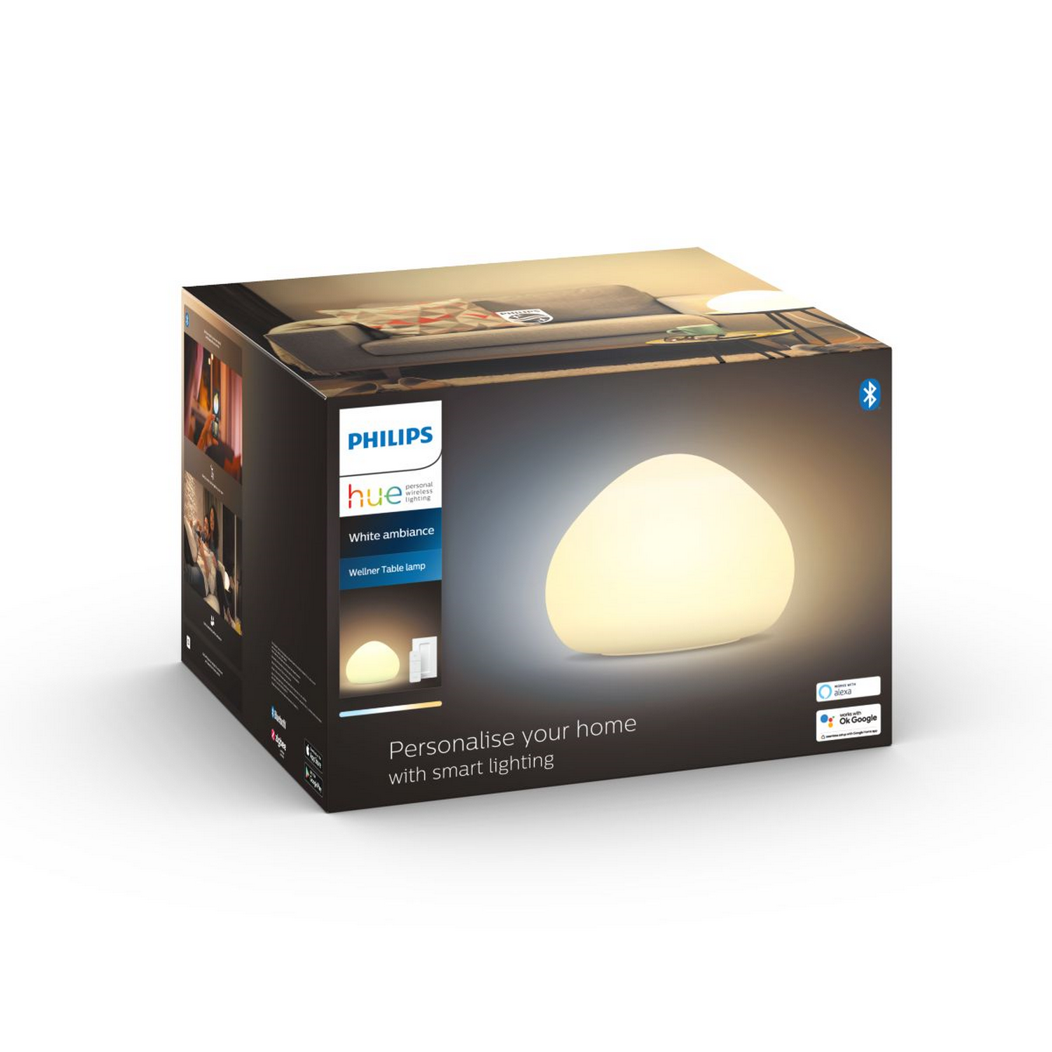Lámpara portátil Bluetooth - Philips Hue Wellner, De mesa, Luz blanca de cálida a fría, Compatible app, Blanco