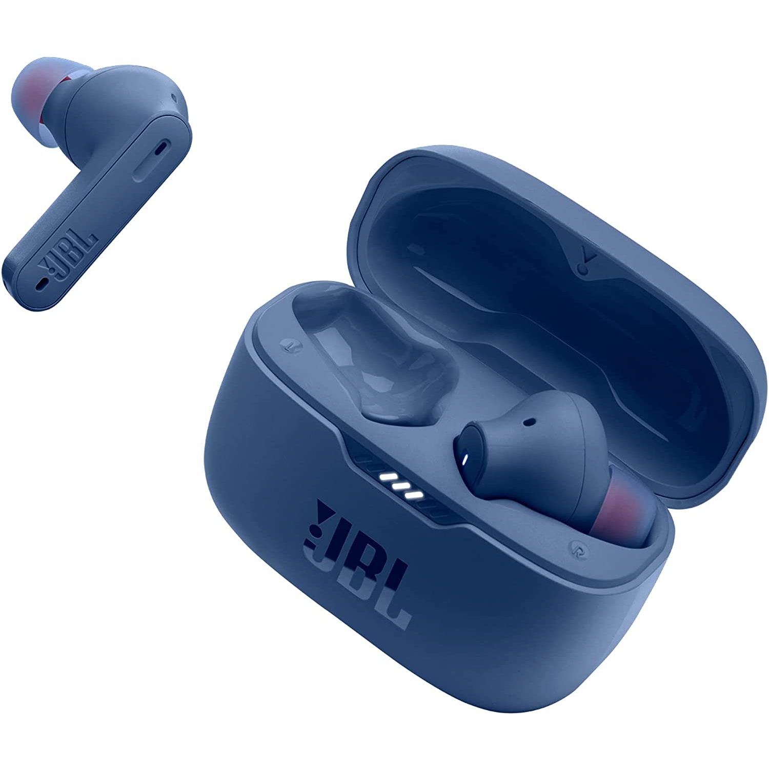 Auriculares inalámbricos JBL azules y estuche de carga. Un auricular está separado, otro en el estuche abierto.