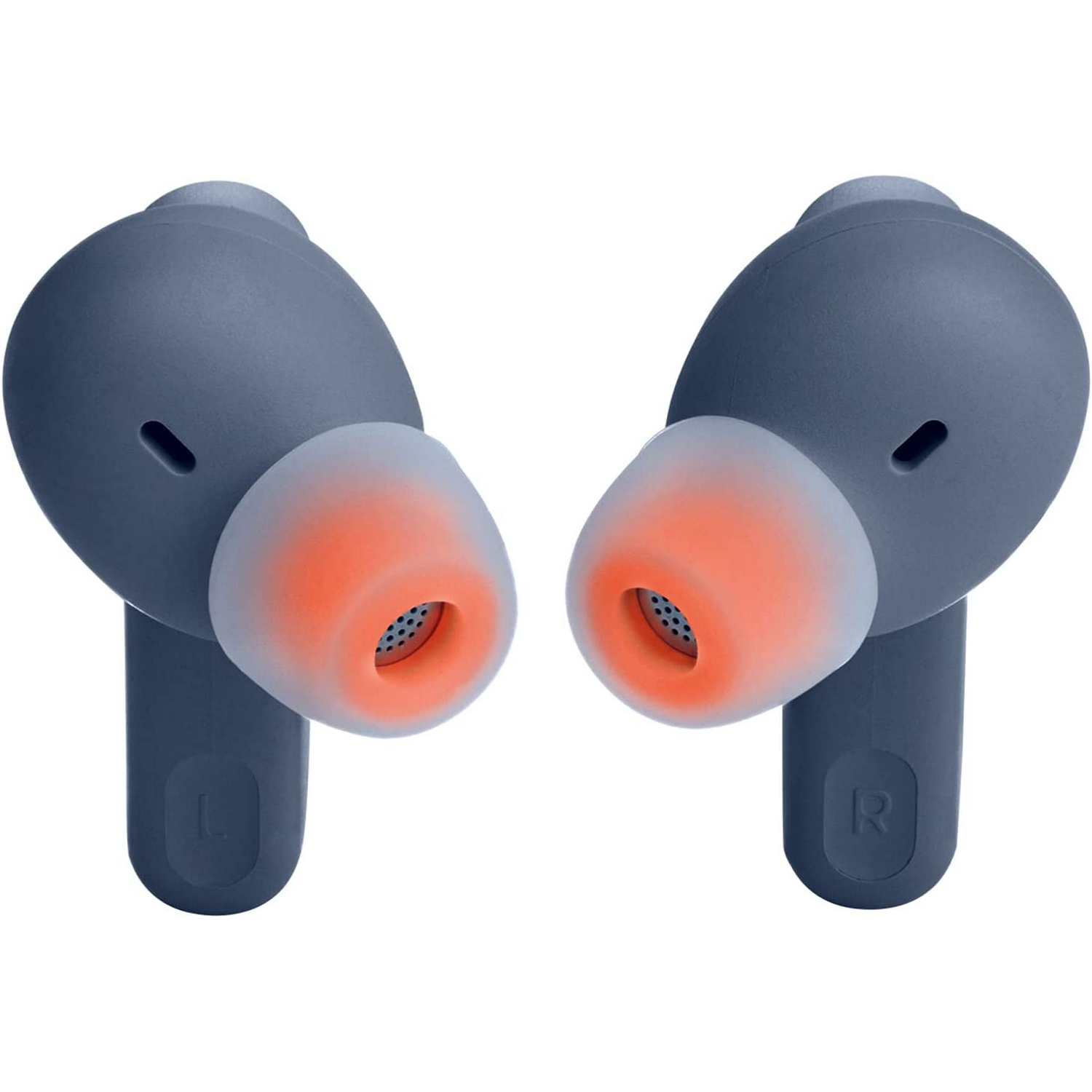 Dos auriculares JBL azules. Puntas naranjas con agujeros. Fondo blanco. Marcado L y R.