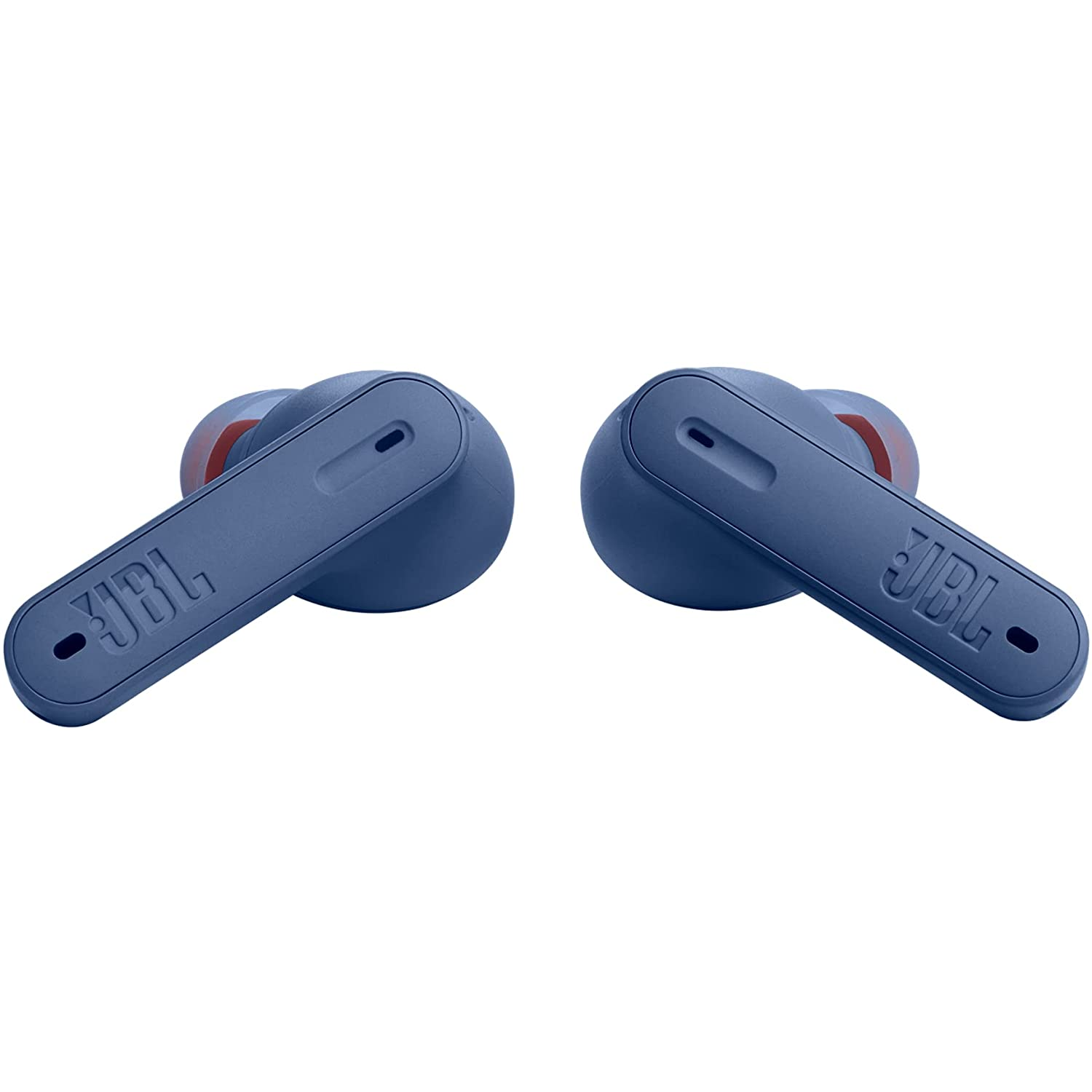 Dos auriculares JBL azules con puntas naranjas. El logotipo de JBL es visible en los auriculares.