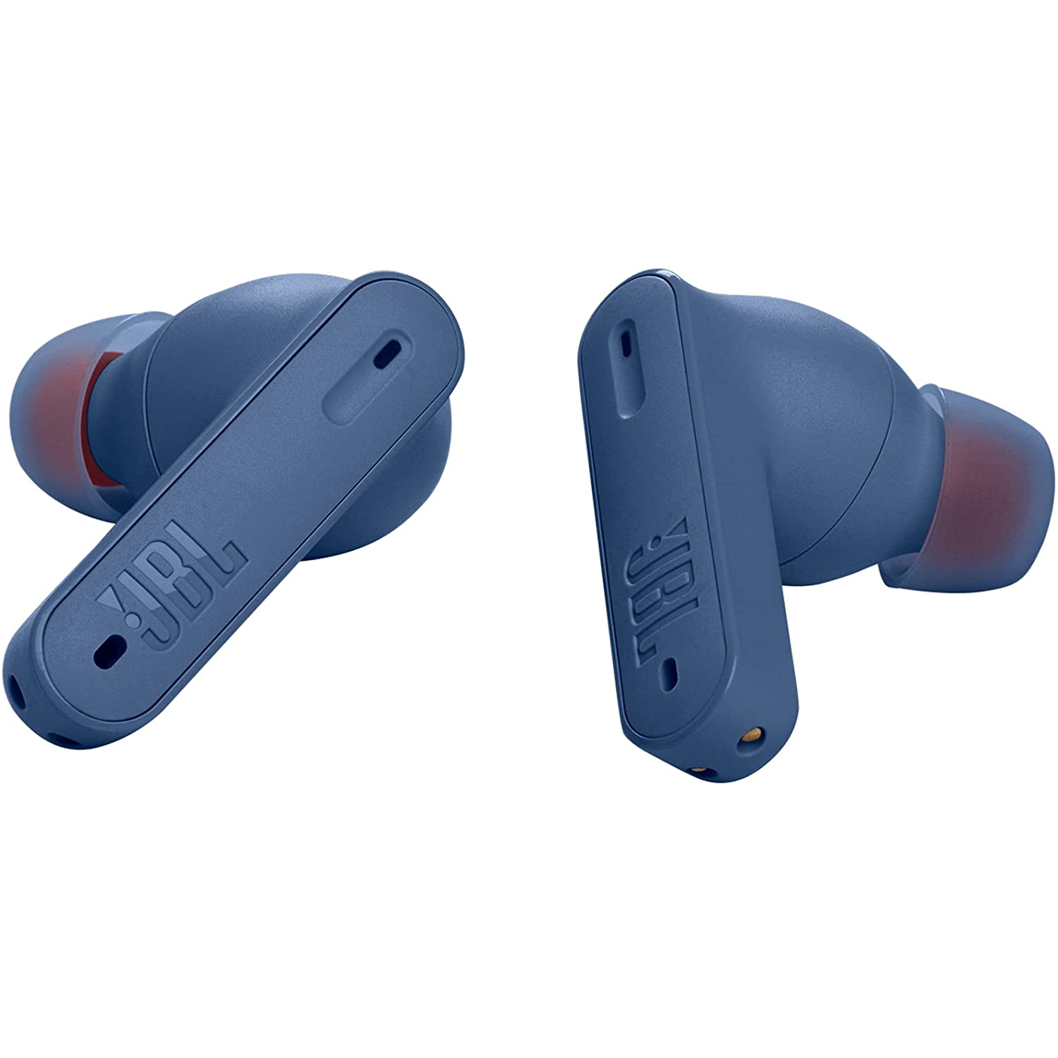 Auriculares inalámbricos JBL azules, en primer plano, mostrando el logo de la marca.