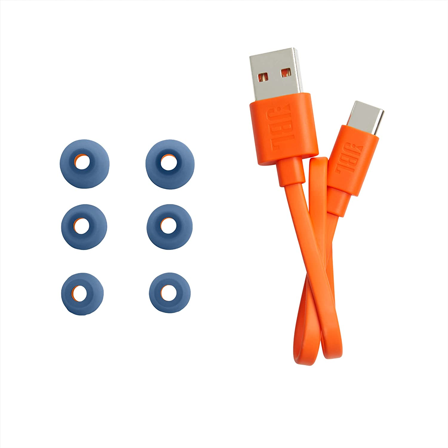 Puntas de auriculares y un cable USB naranja, marca JBL en el cable.