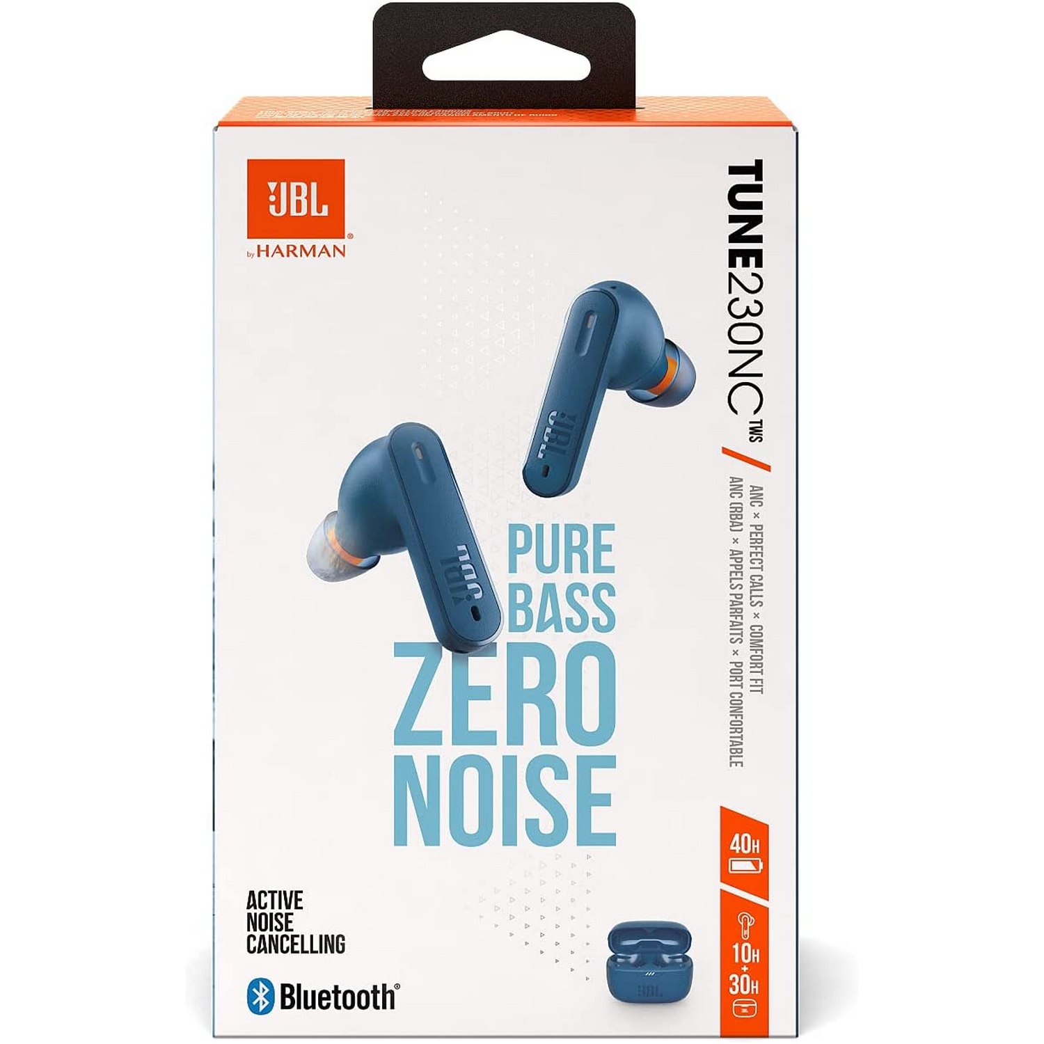 Caja de auriculares JBL. Los auriculares son azules con puntas naranjas.