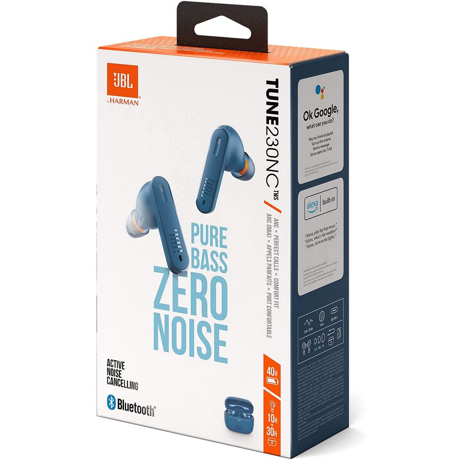 Una caja con auriculares JBL Tune 230NC TWS. La caja es azul y blanca. Los auriculares son azules.
