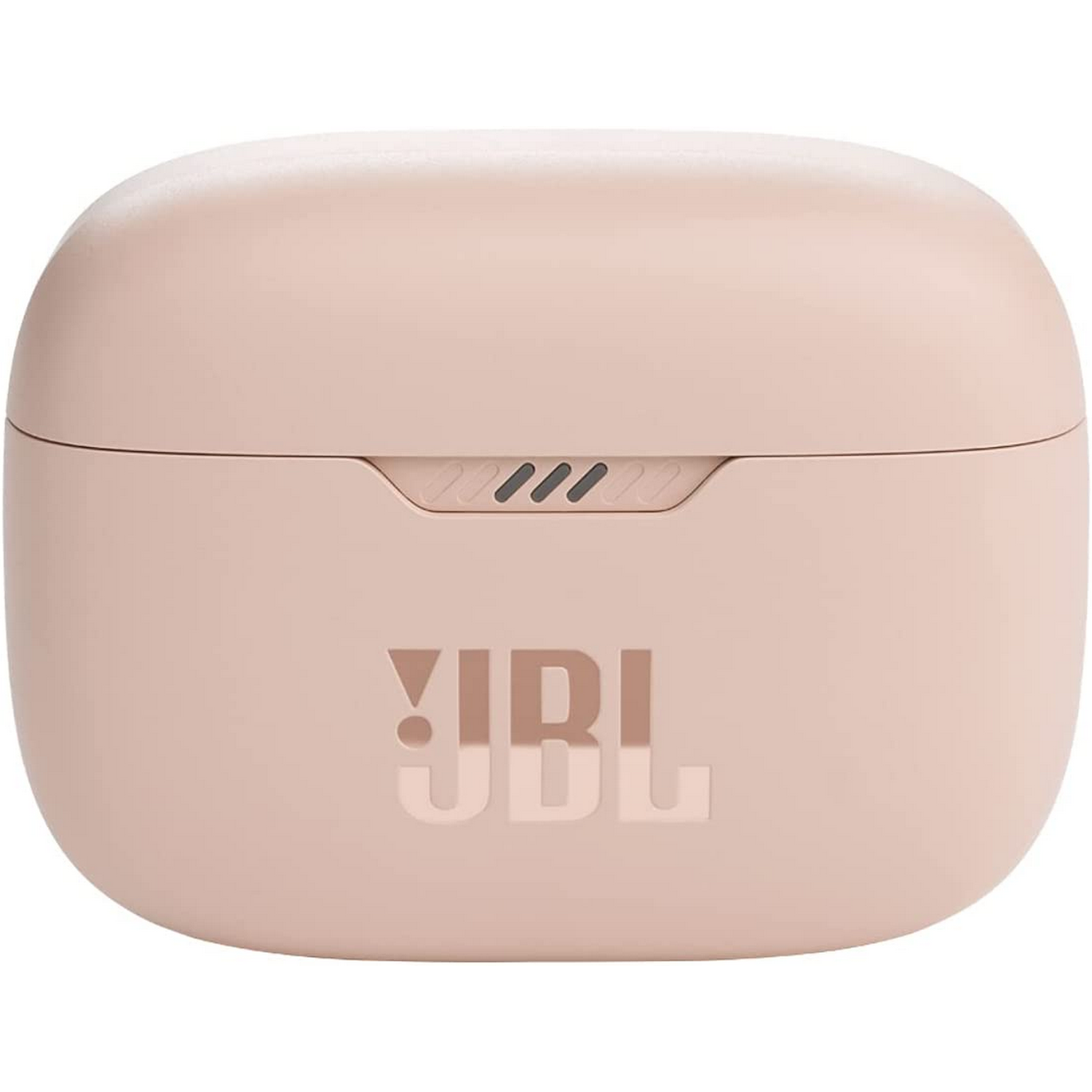 Estuche de carga de auriculares JBL rosa cerrado. Logotipo de JBL visible. Fondo blanco.