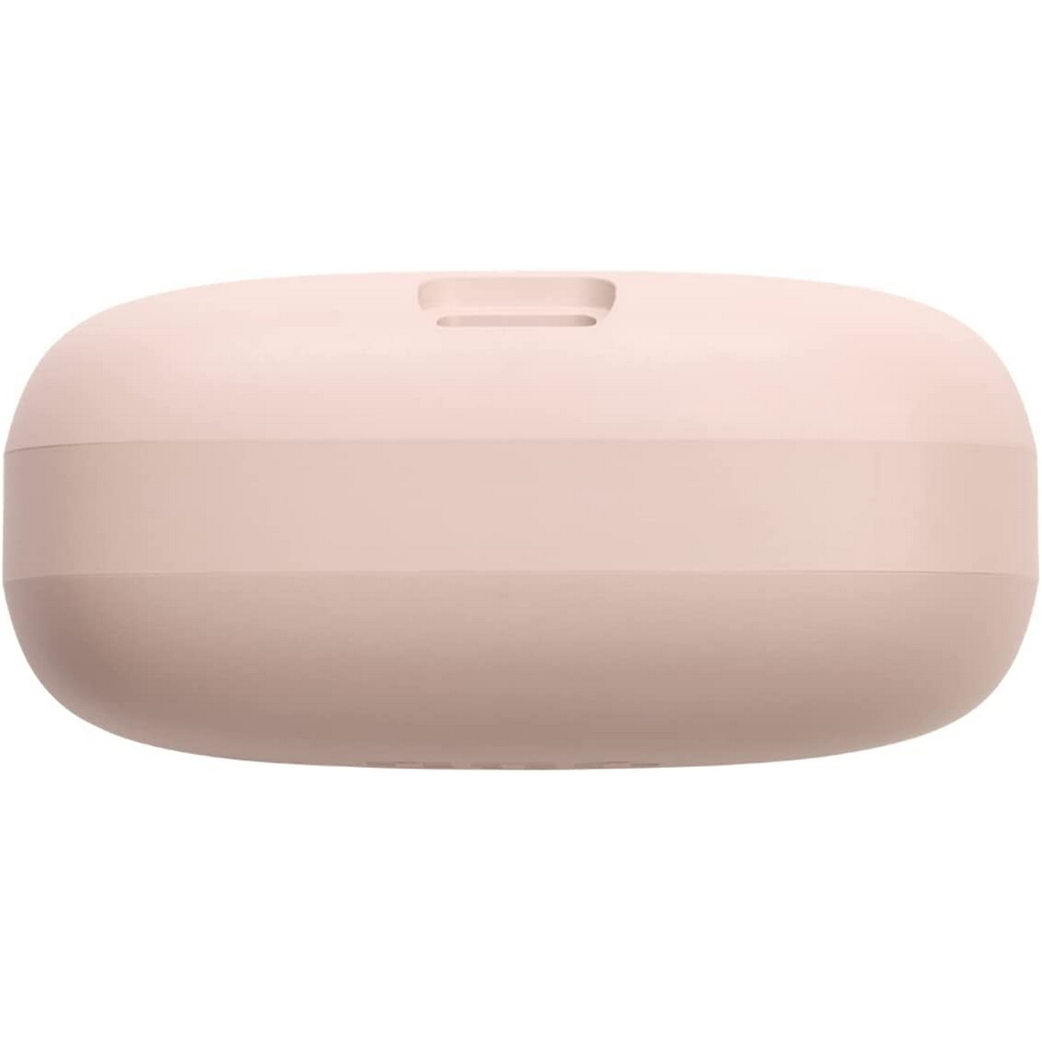 Una funda rosa claro, de forma ovalada, para un dispositivo inalámbrico, posiblemente auriculares. Vista superior.