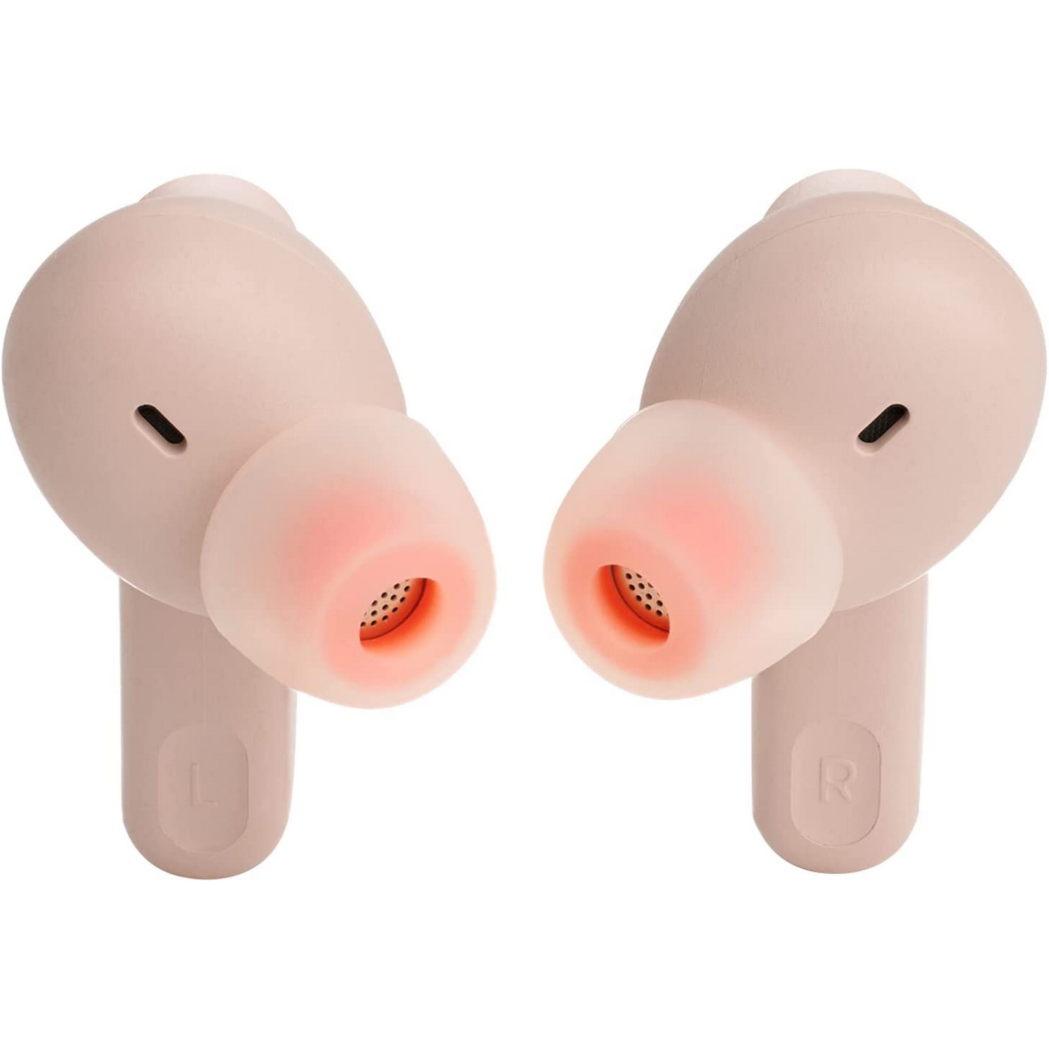 Dos auriculares inalámbricos rosas con almohadillas internas naranjas.