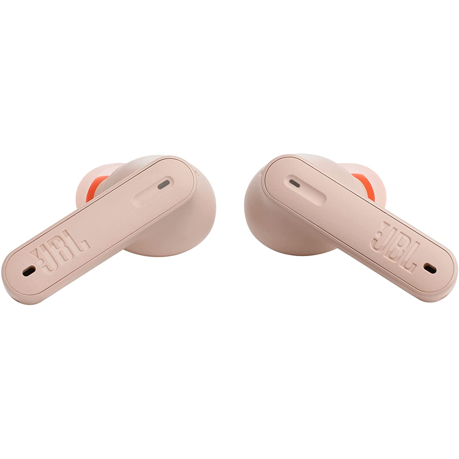 Dos auriculares inalámbricos JBL. De color beige con detalles en naranja. El logotipo de JBL es visible en cada auricular.