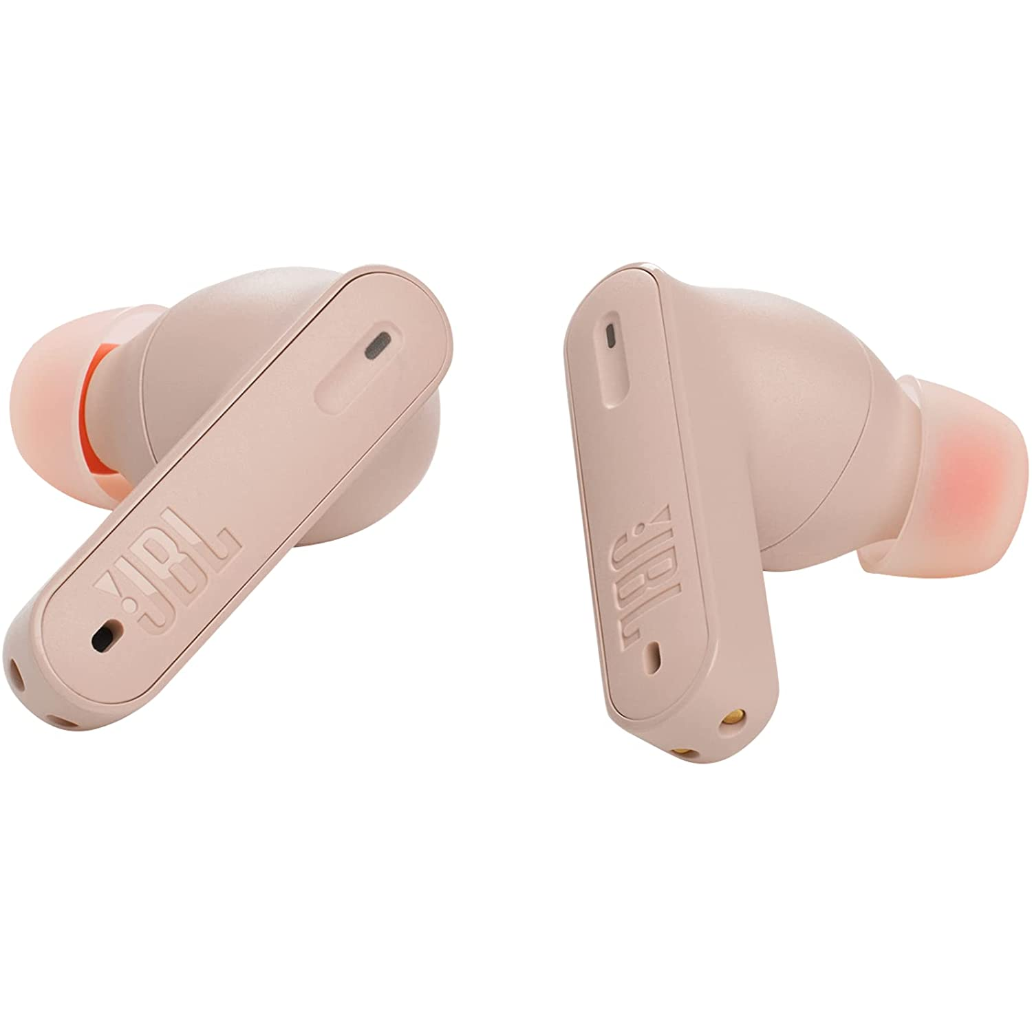 Dos auriculares JBL rosas. El izquierdo muestra el logo JBL. El auricular derecho está enfocado.