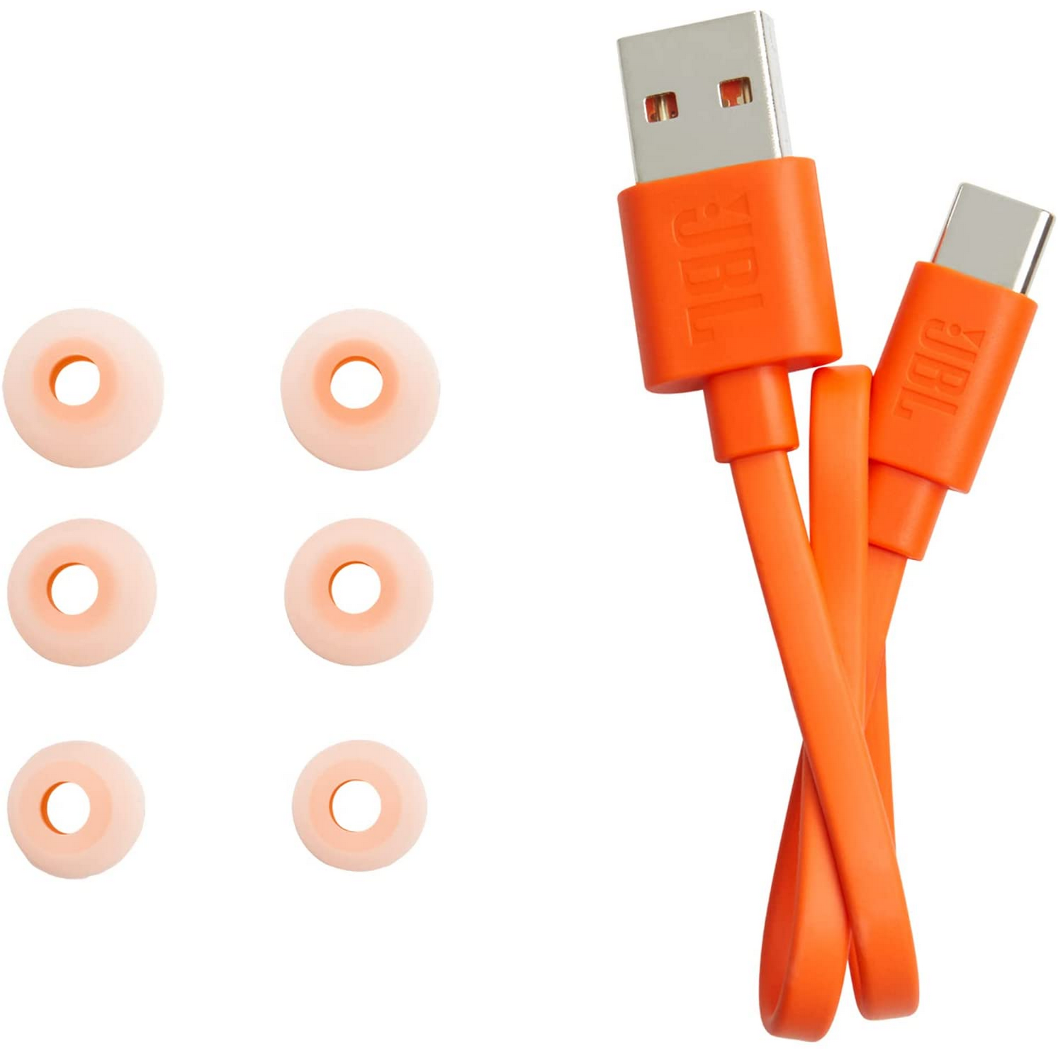 Puntas de auriculares JBL naranjas y cable de carga con conectores USB y Tipo-C, sobre fondo blanco.