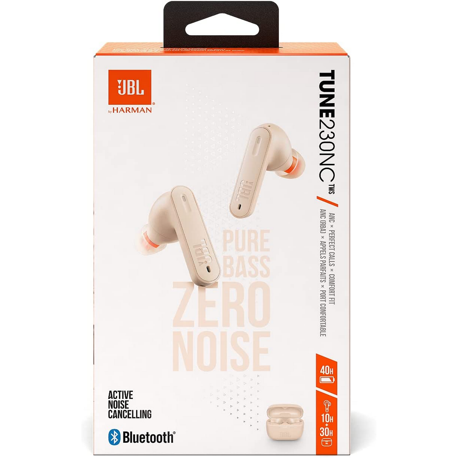 Caja de auriculares JBL con un par de auriculares. Beige, cancelación activa de ruido.