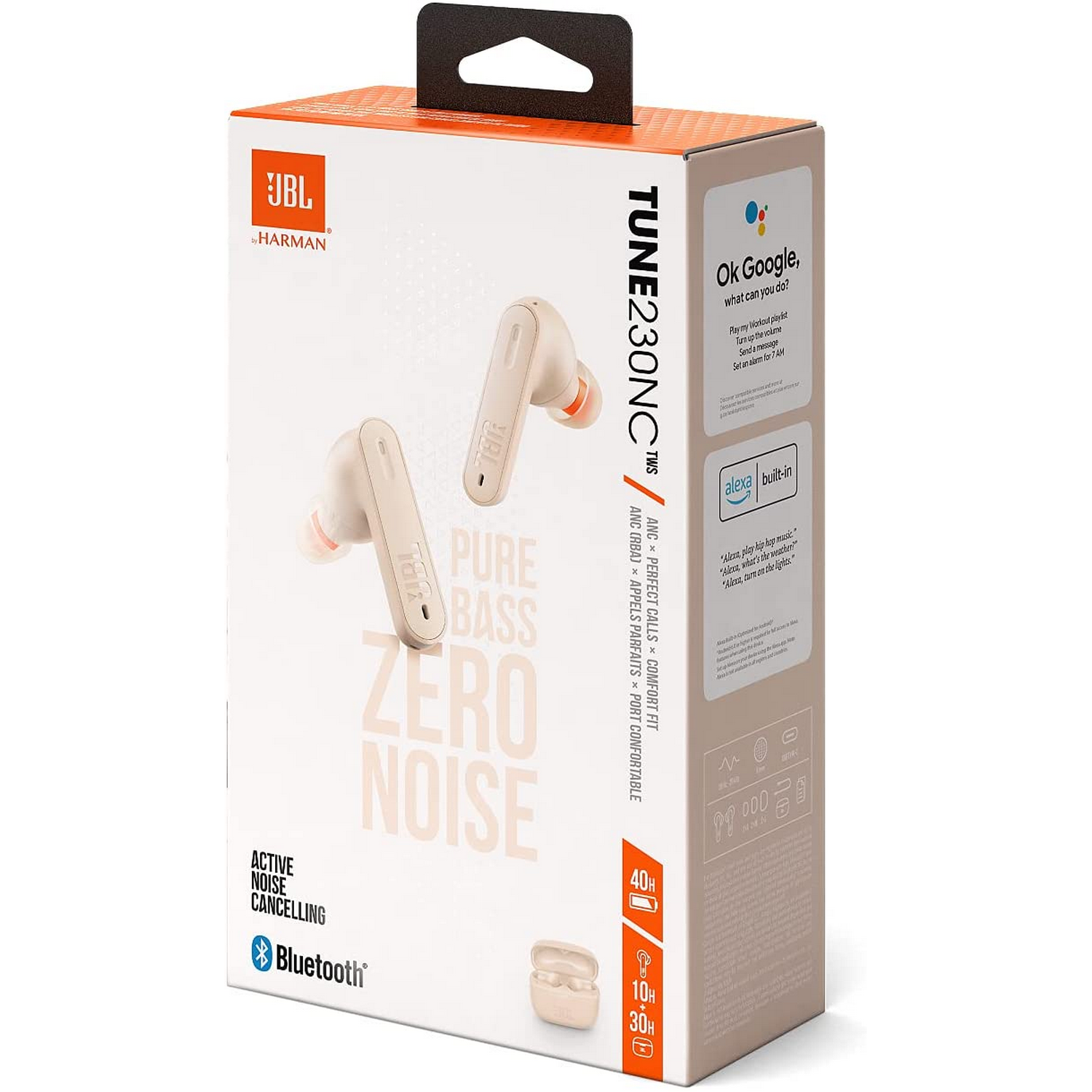 Caja de auriculares JBL Tune 230NC TWS. Auriculares y estuche de carga visibles.
