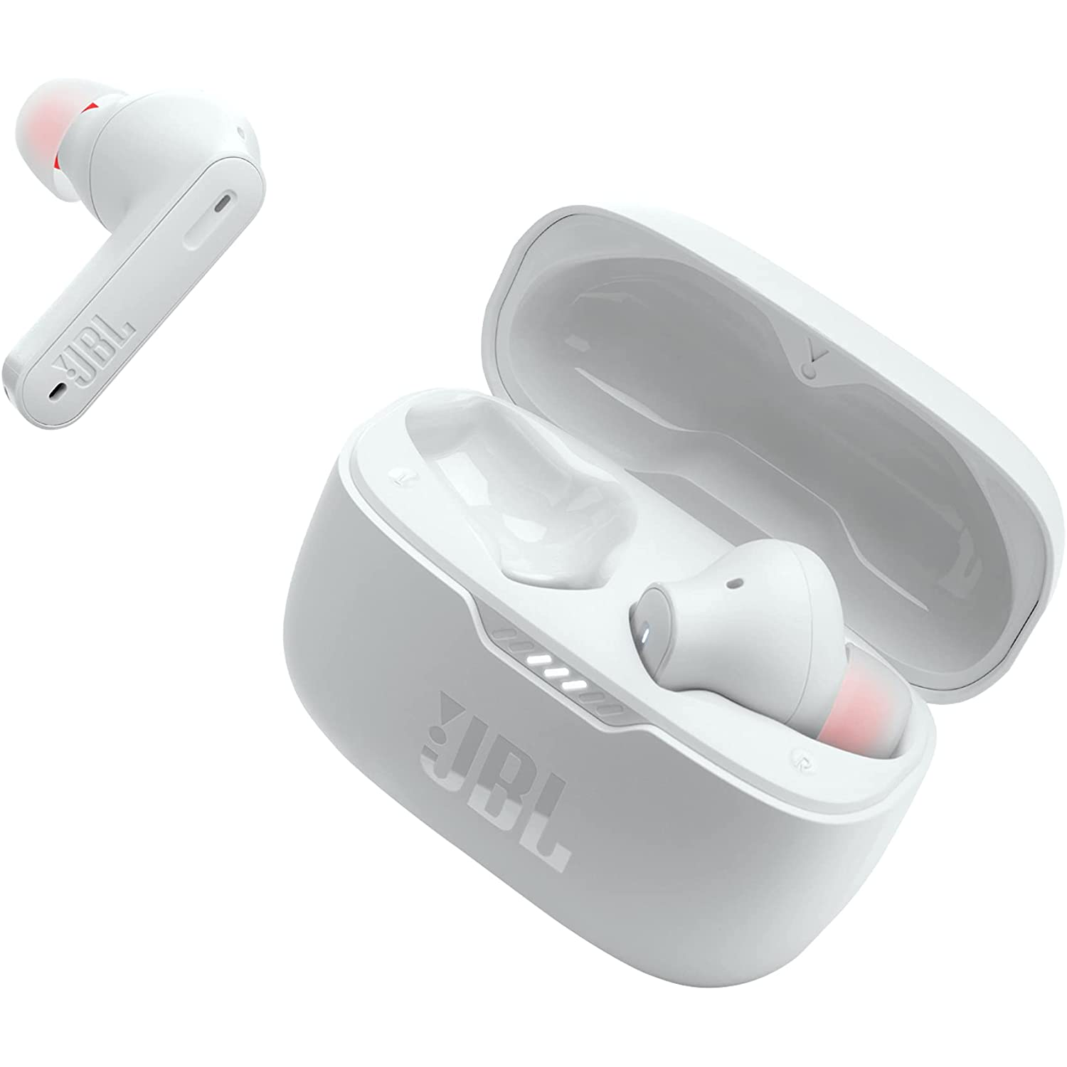 Auriculares inalámbricos blancos con estuche de carga, un auricular fuera del estuche.