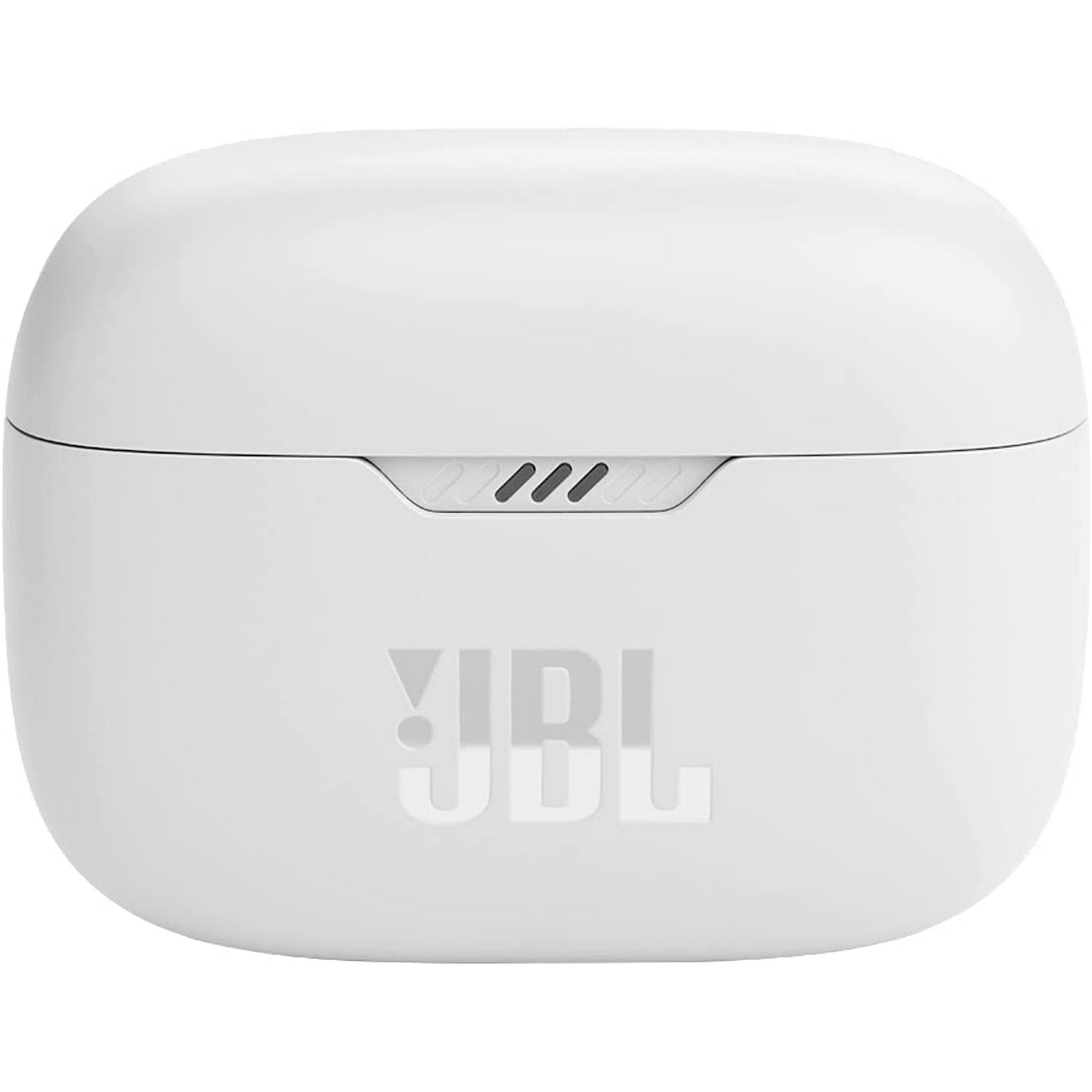 Estuche de carga blanco para auriculares JBL. El logotipo de JBL es visible. Tres líneas pequeñas arriba.