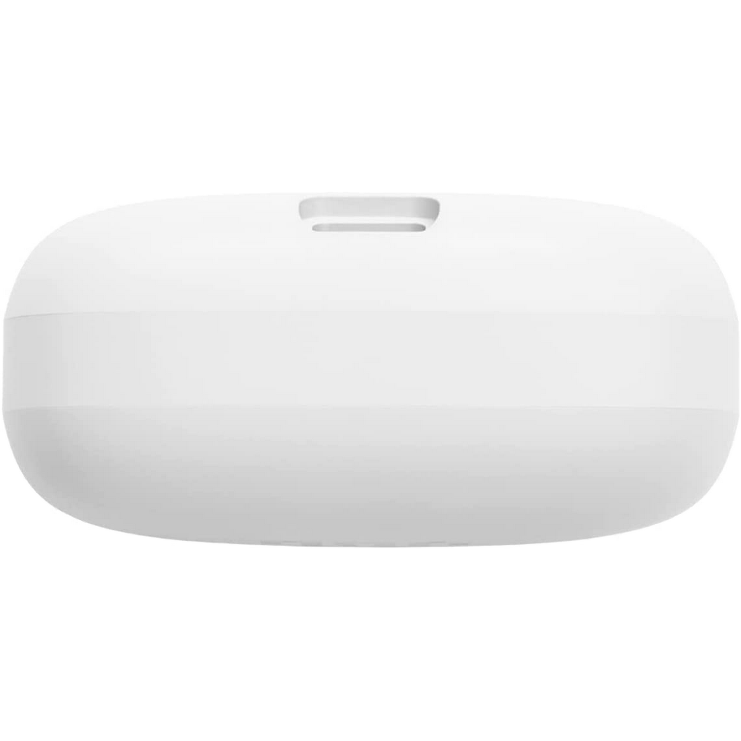 Estuche de carga ovalado blanco con una pequeña hendidura en la parte superior. Tiene un diseño simple y limpio.