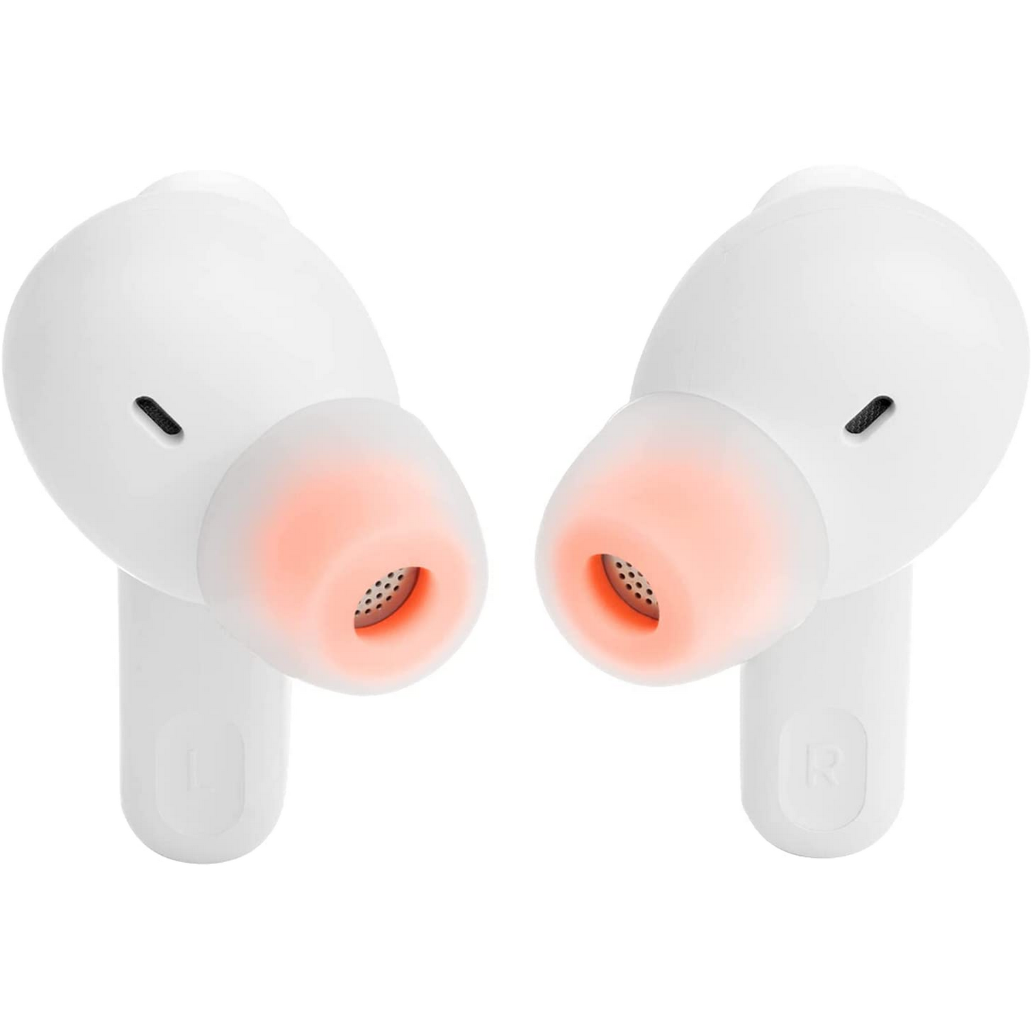 Dos auriculares blancos con puntas naranjas. El auricular derecho tiene la 'R' y el izquierdo la 'L'.