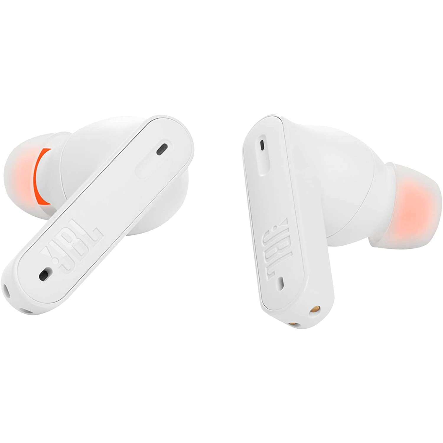 Dos auriculares blancos, con detalles naranjas y el logo JBL.