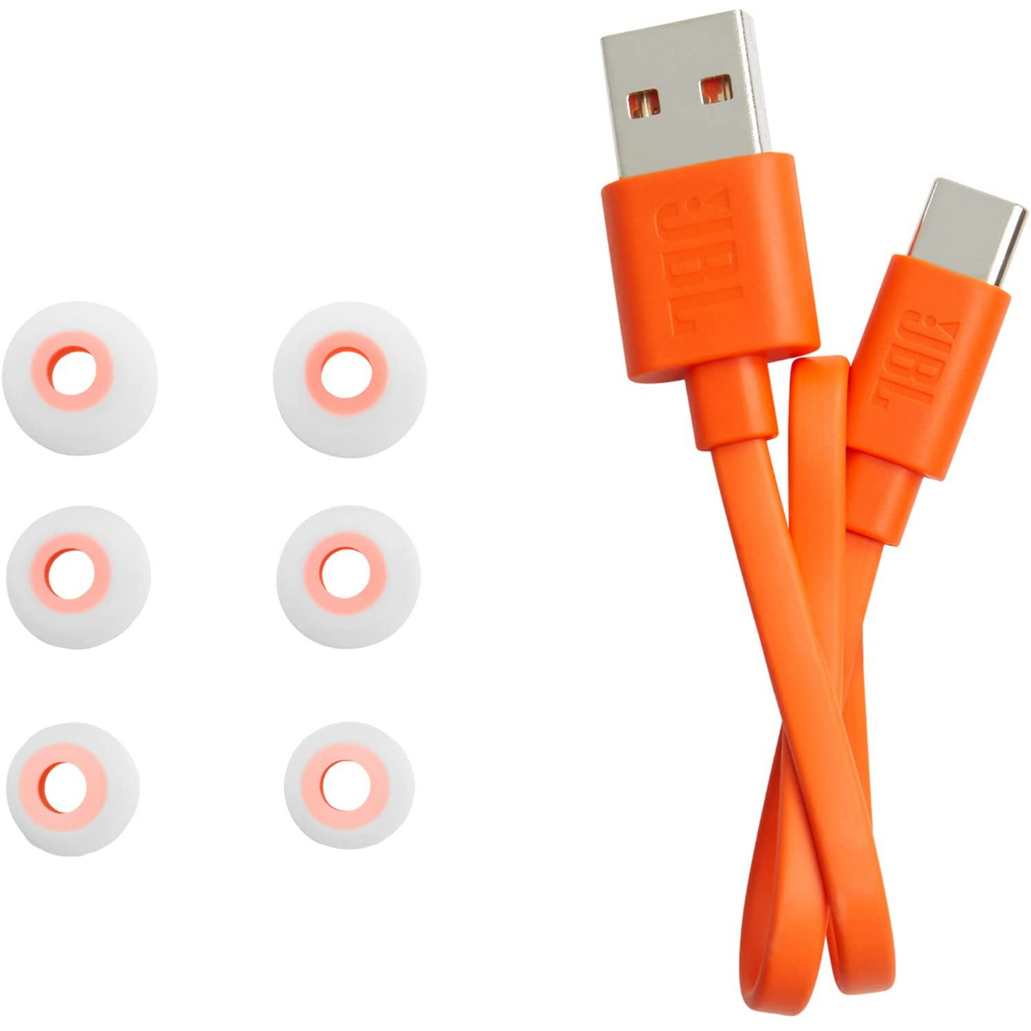 Auriculares y cable USB-C naranja con conector USB. Auriculares blancos con centros naranjas.