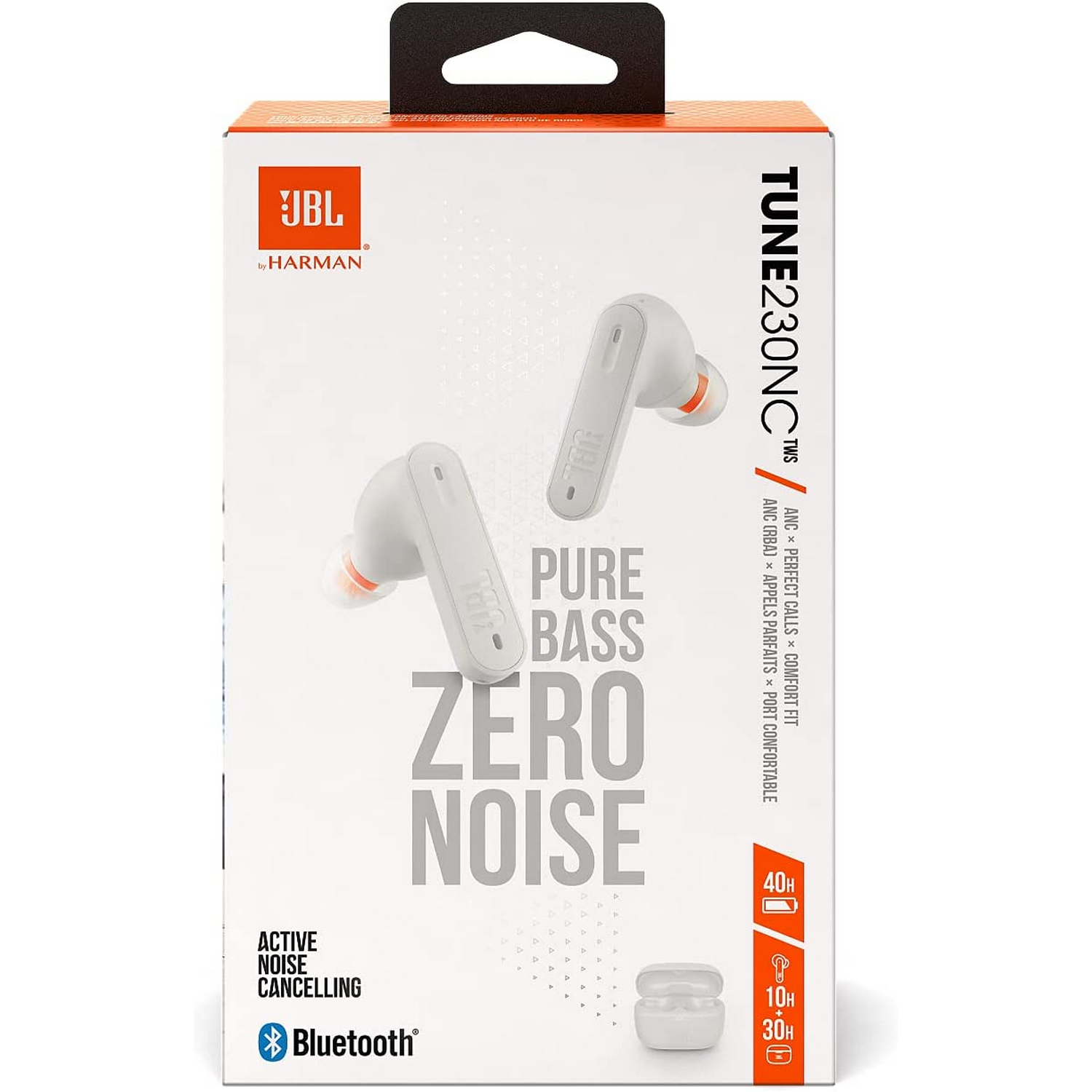 Caja de auriculares JBL. Auriculares blancos con puntas naranjas se muestran en la caja.