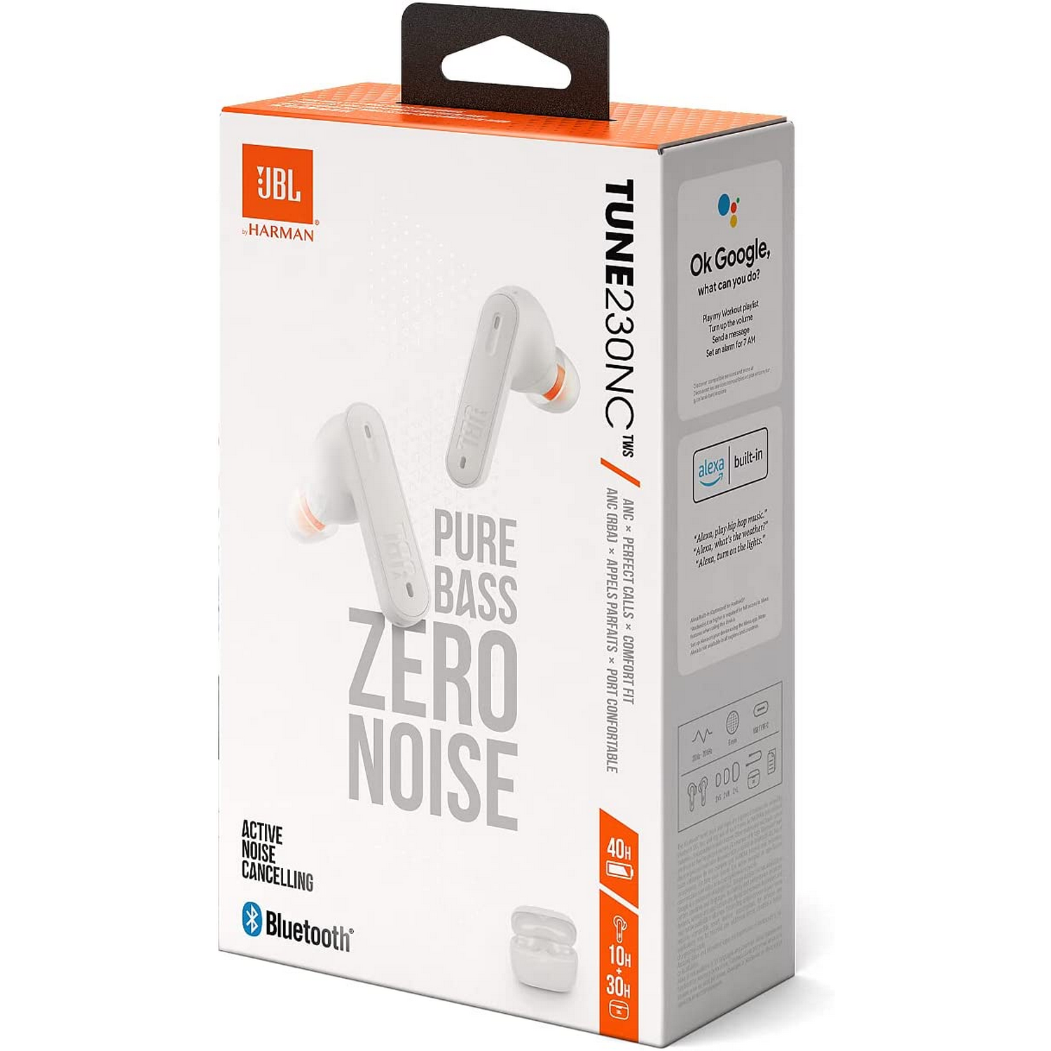 Caja de auriculares JBL Tune 230NC TWS, blanca con gráficos y texto.