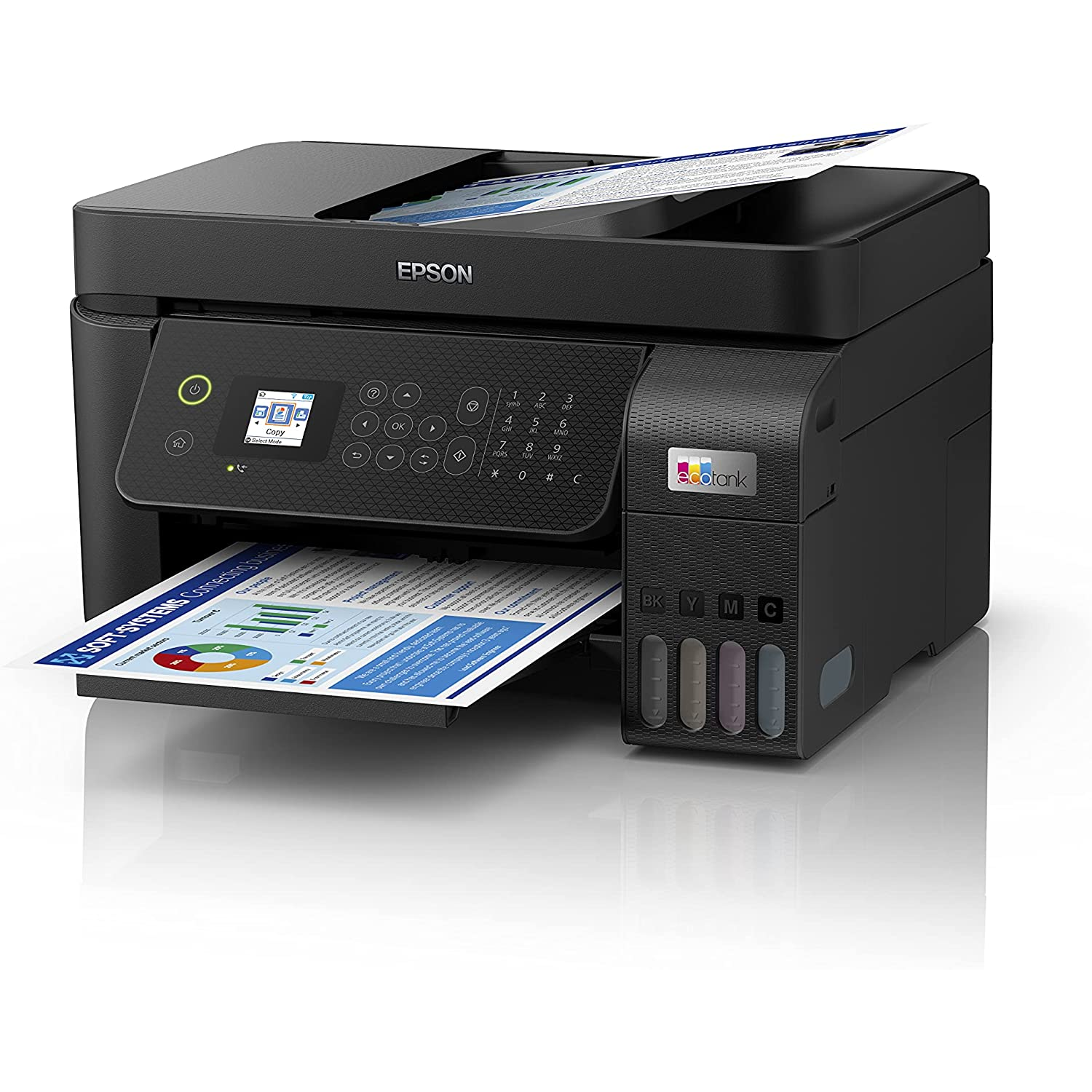 Impresora Epson negra con salida de papel, bandeja abierta, panel de control y cartuchos de tinta.