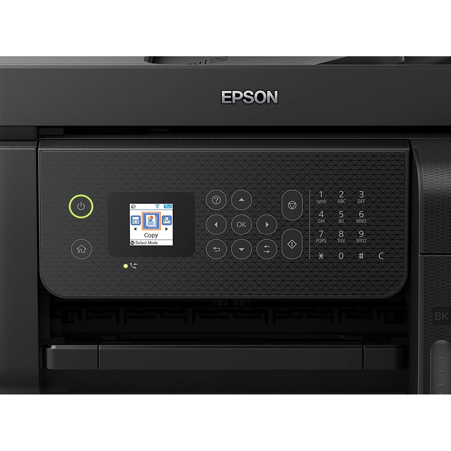 Impresora Epson, negra, con botones y una pantalla pequeña.