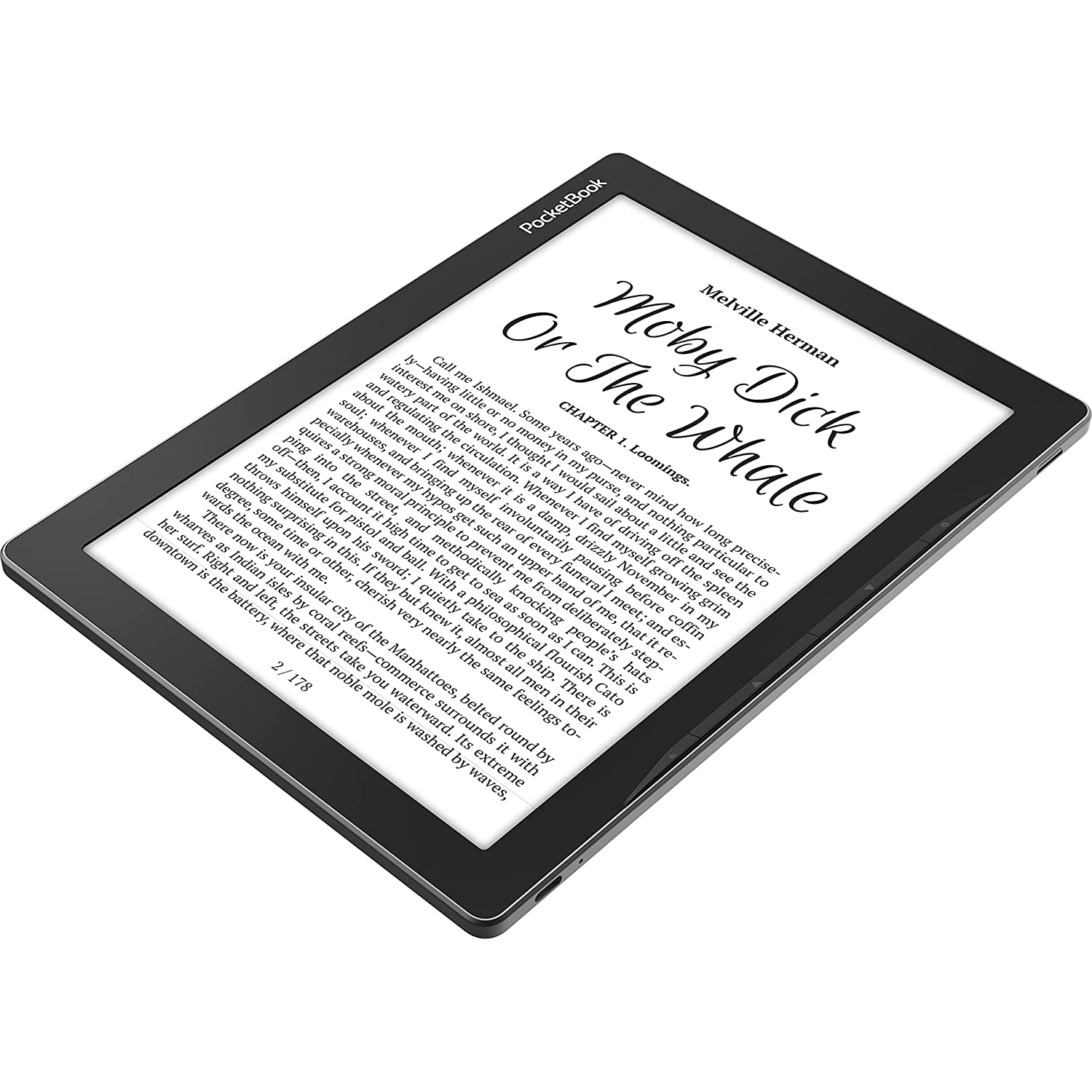 Un lector de libros electrónicos que muestra una página de Moby Dick. Marco negro, fondo blanco.