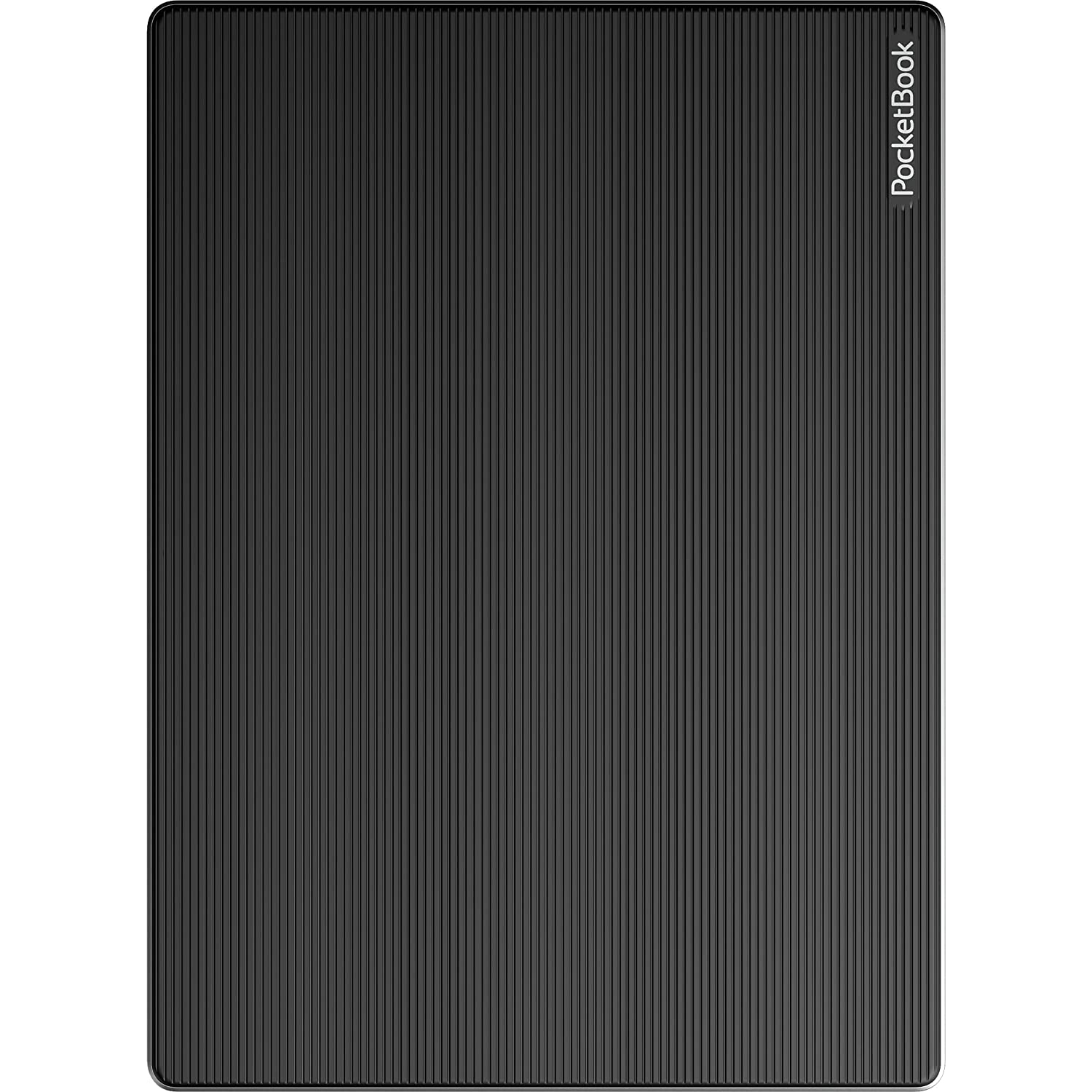 Funda negra para lector de libros electrónicos con líneas verticales. Marca PocketBook arriba.