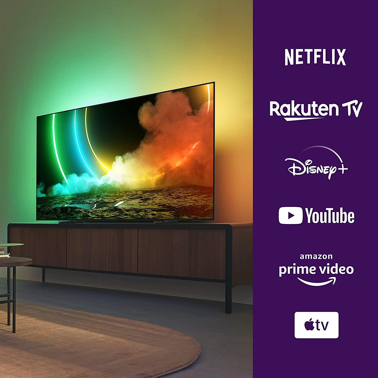 TV en soporte de madera con iluminación ambiental colorida, logos de servicios streaming.