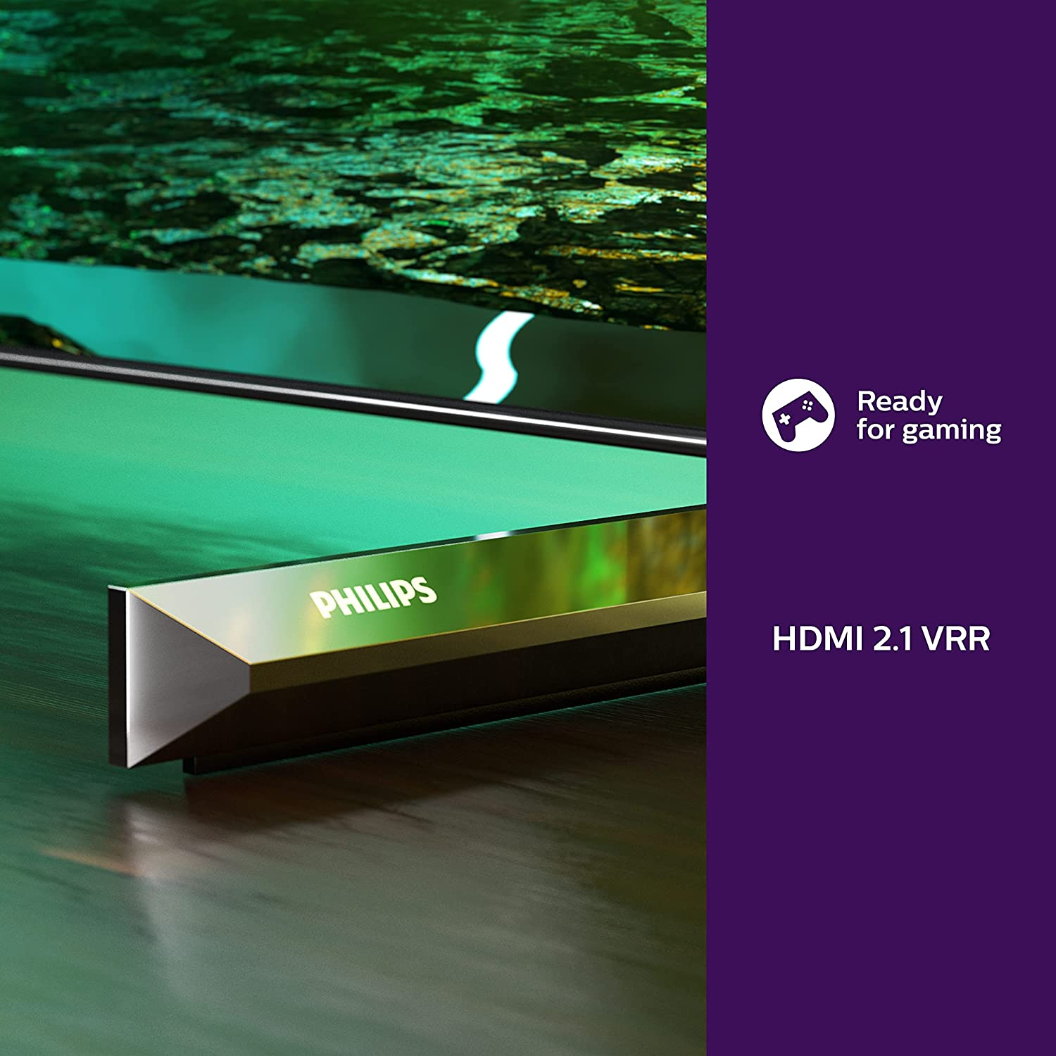 Una pantalla de TV que muestra verde y otros colores, con un logotipo y texto.