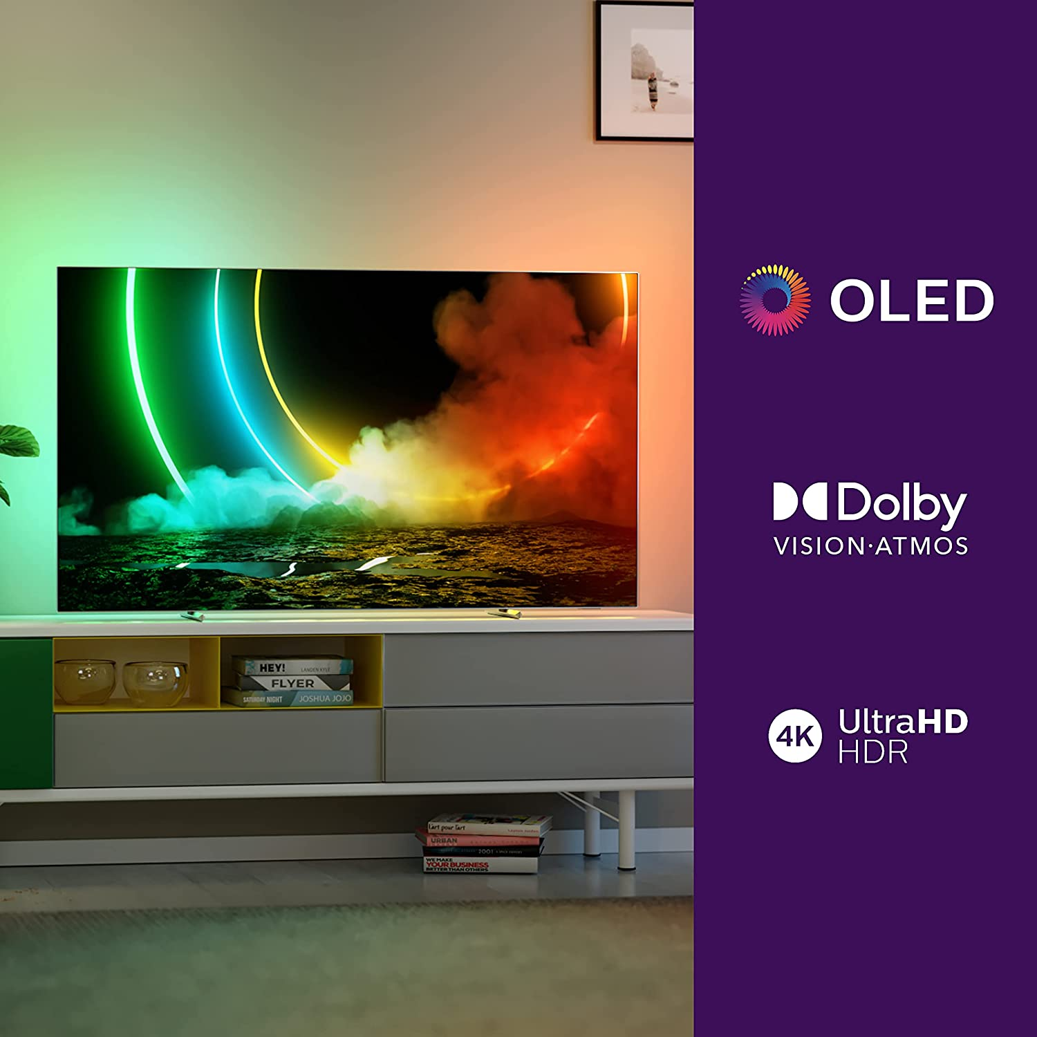 TV con pantalla colorida, logotipos de OLED, Dolby y 4K UHD HDR.