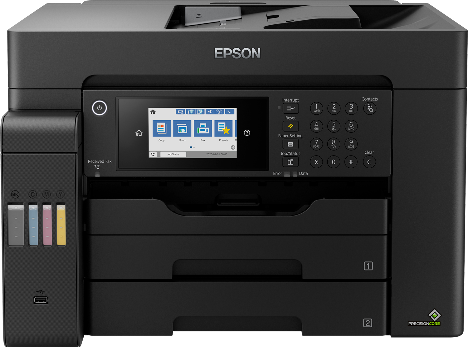 Imprimante Epson noire avec écran tactile et plusieurs boutons, affichant les options de copie, scan, fax et préréglages.