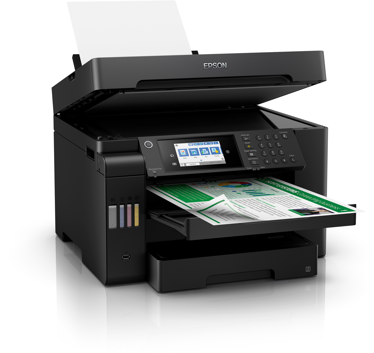 Imprimante Epson noire avec écran, imprimant un document avec un graphique vert et blanc. Le papier est dans le bac et en haut.