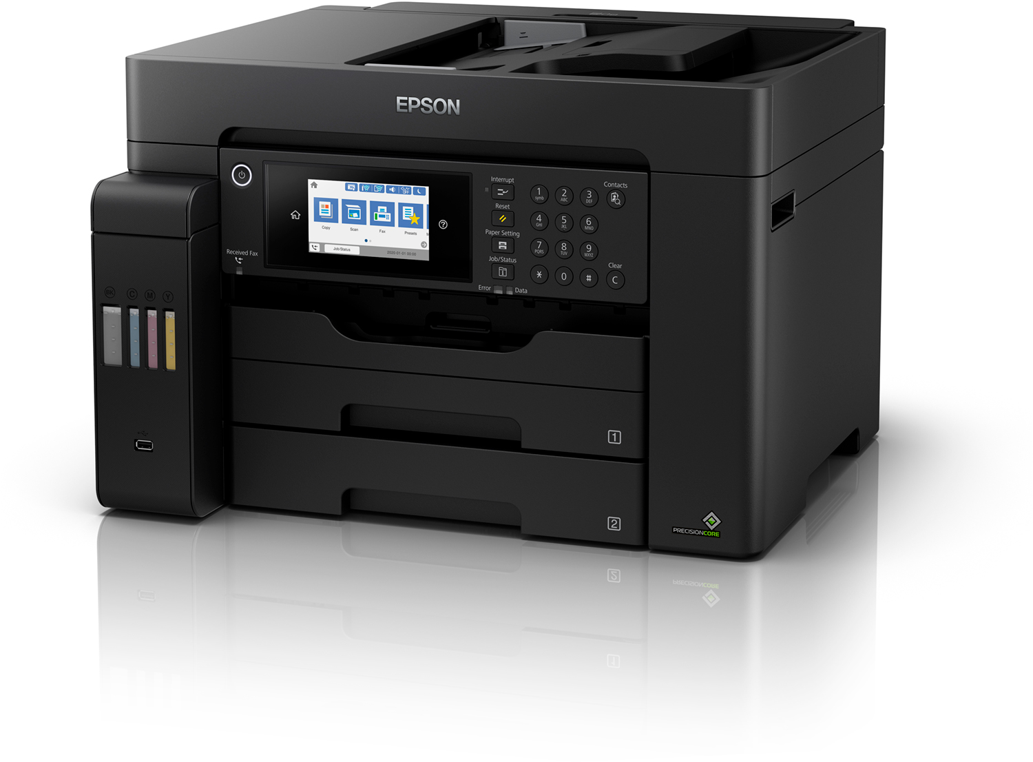Imprimante Epson noire. Écran tactile, pavé numérique et réservoirs d'encre. Reflète sur la surface blanche en dessous.