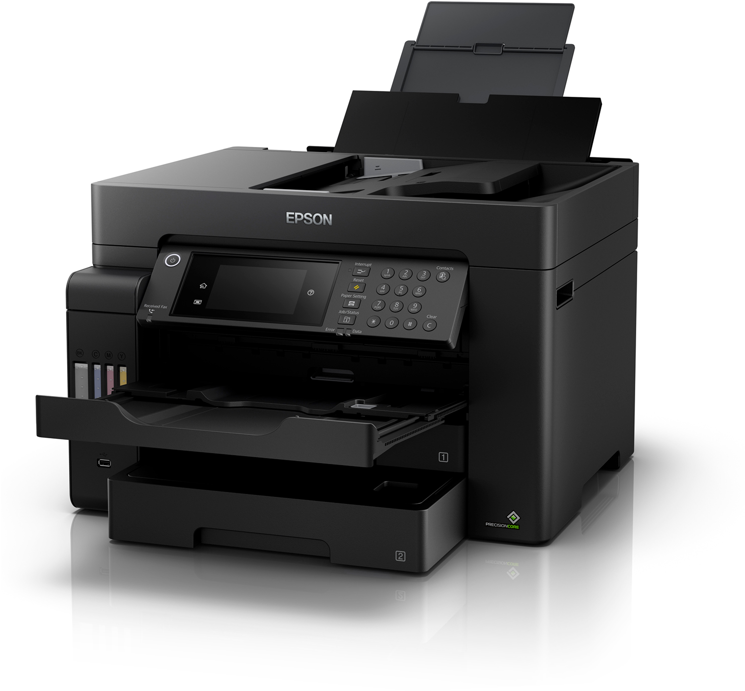 Une imprimante Epson noire avec bac à papier et couvercle ouverts. Elle dispose d'un panneau de commande et de réservoirs d'encre visibles.