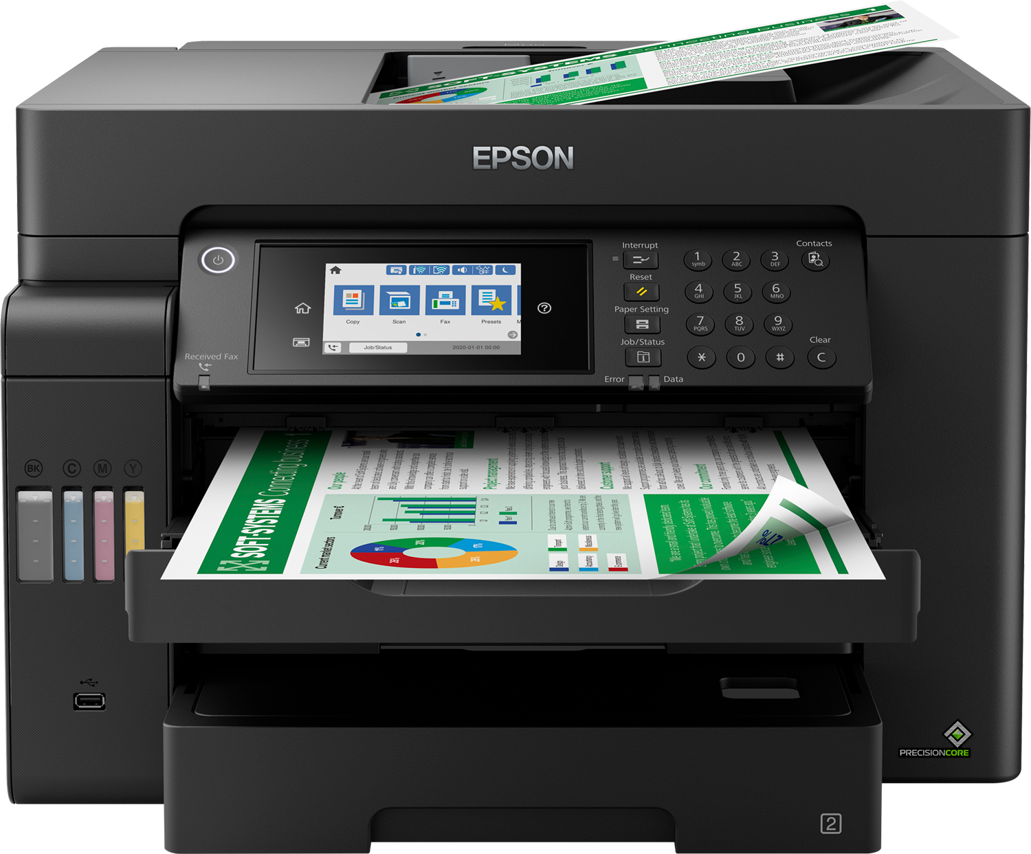 Imprimante Epson noire imprimant un document avec graphiques et texte. Panneau de commande et cartouches d'encre visibles.