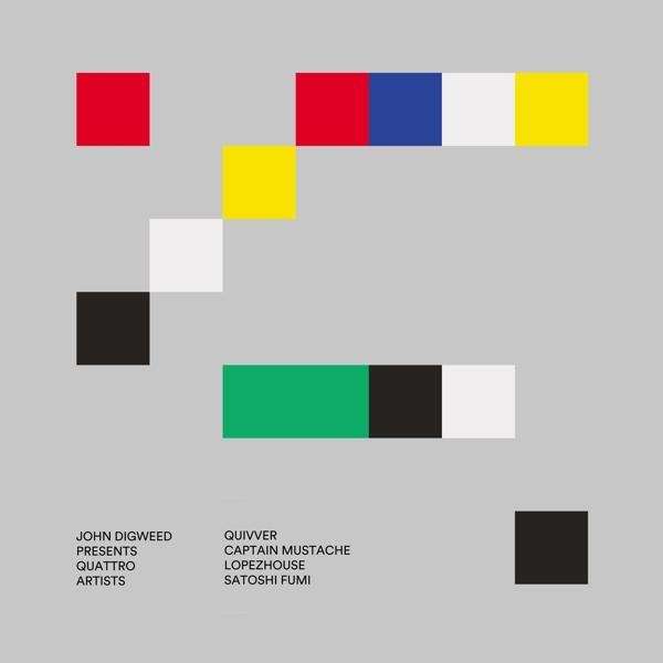 Abstracte grafiek met kleurrijke vierkanten: rood, geel, blauw, wit, zwart en groen op een grijze achtergrond.