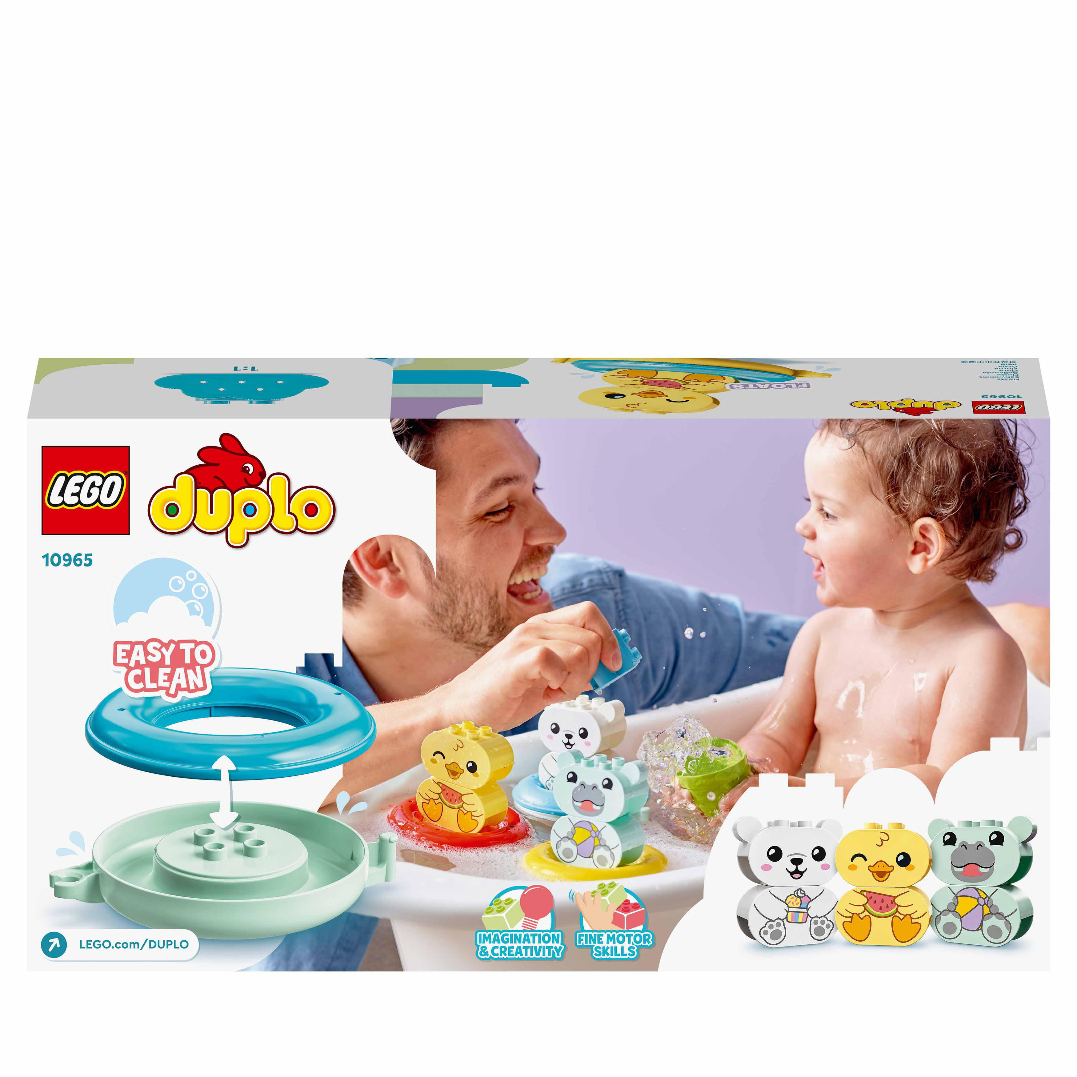 Eine Lego Duplo-Set-Box, die einen Vater und ein Kind beim Spielen mit Badewannenspielzeug mit einer Wasseraktivität zeigt.
