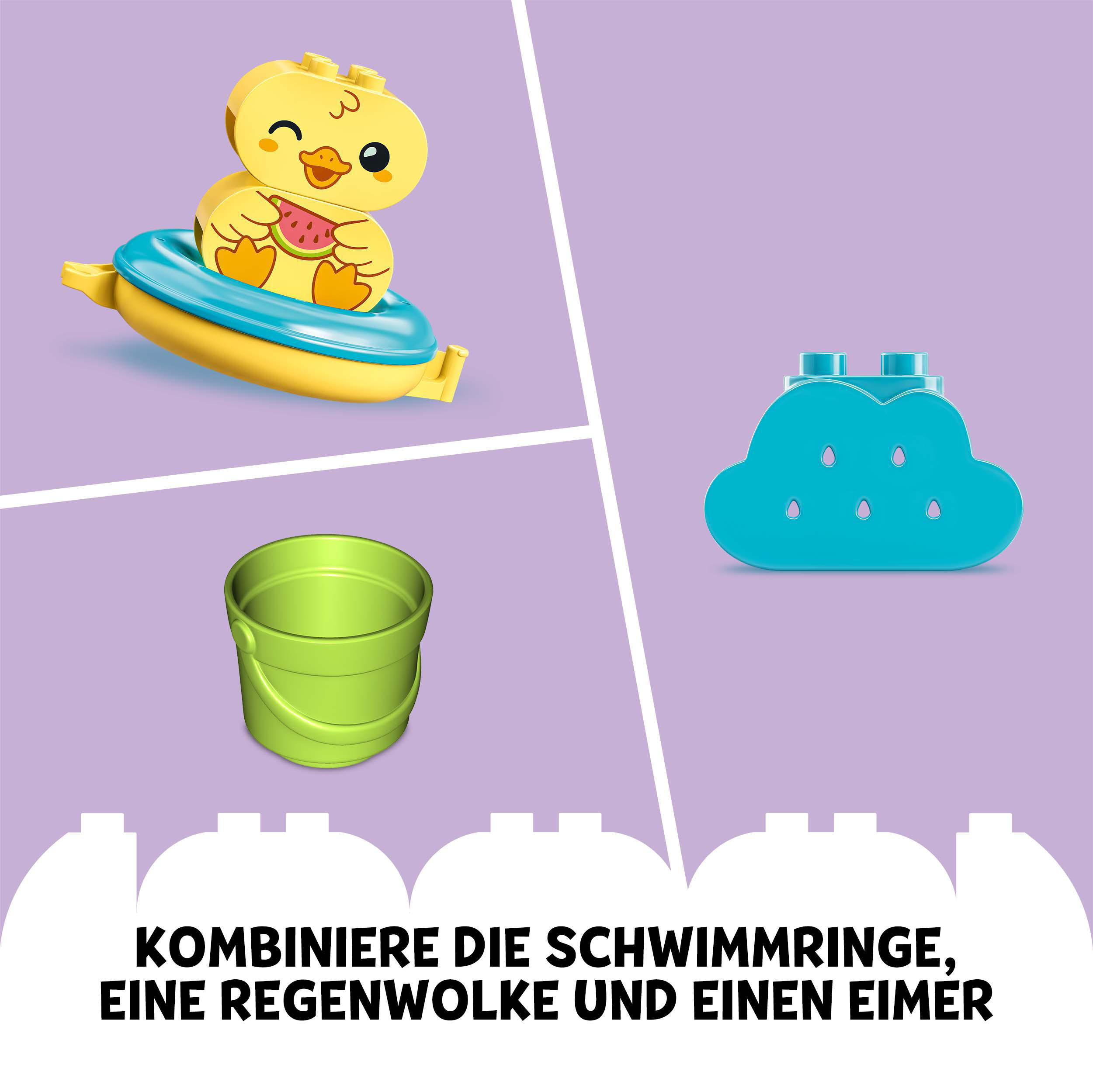 Spielzeugente in einem Ring, eine Wolke und ein Eimer auf weißem Hintergrund.