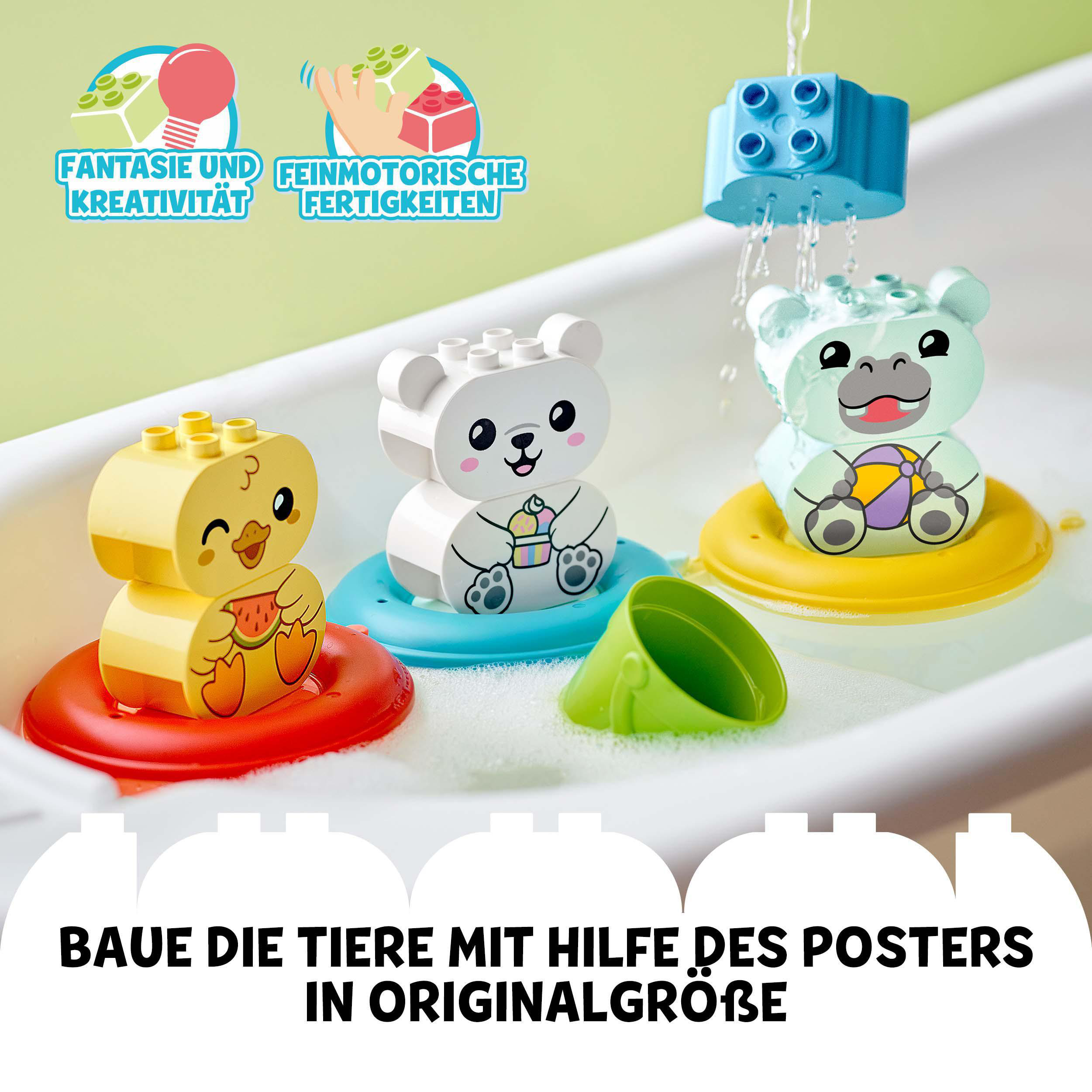 Spielzeug-Badetiere: Ente, Bär, Nilpferd und blauer Block mit Wasser. Text: Fantasie, Kreativität und Feinmotorik.