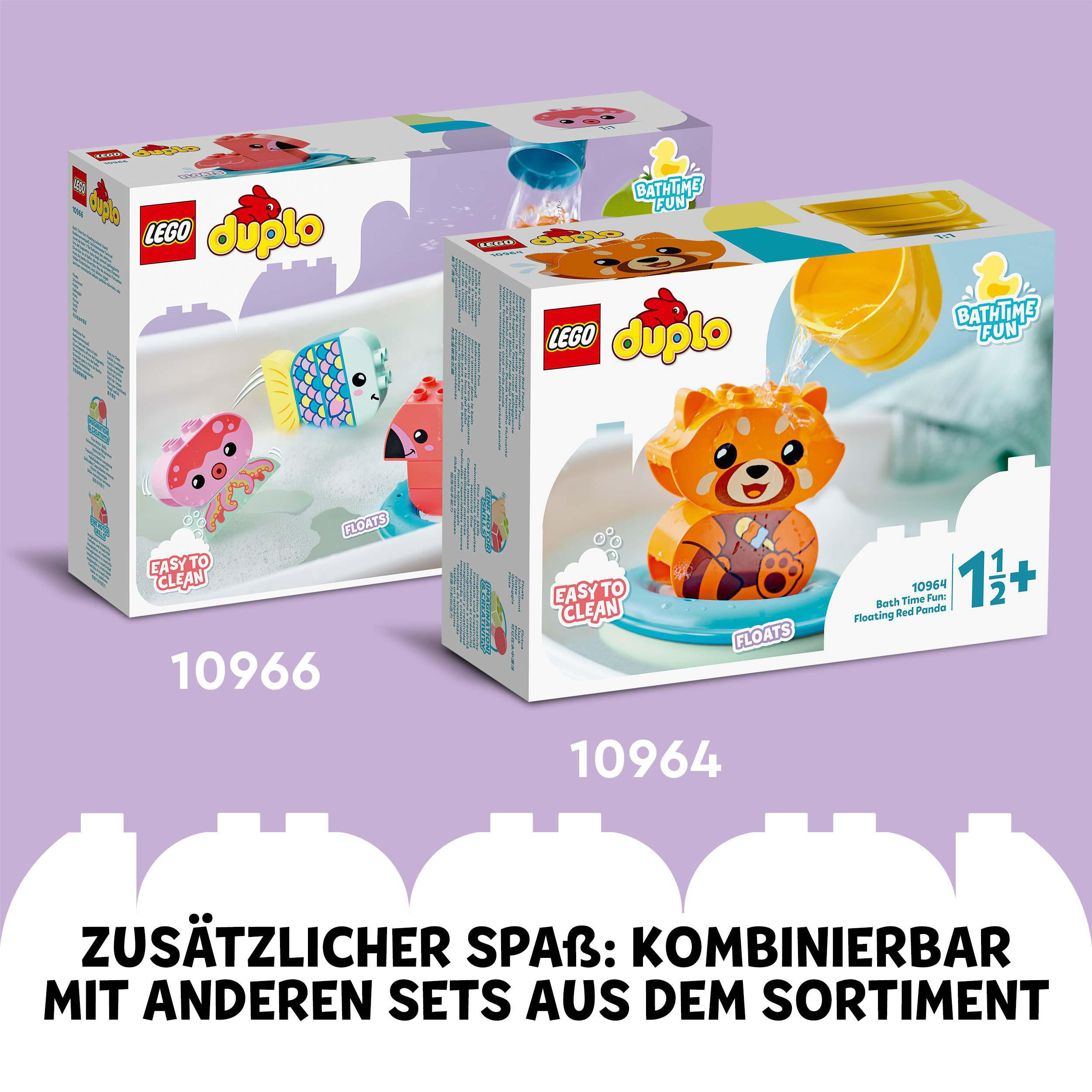 Zwei Lego Duplo-Boxen: eine mit Fischen, eine mit einem roten Panda. Text: 'Bath Time Fun'.