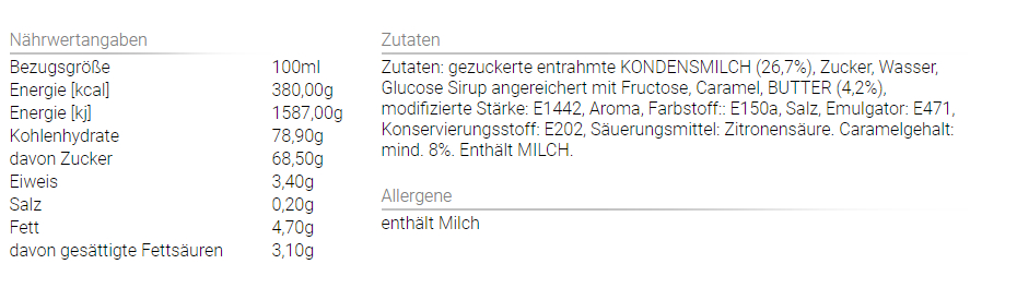 Nährwerttabelle auf weißem Hintergrund, zeigt Energie- und Zutatenangaben.